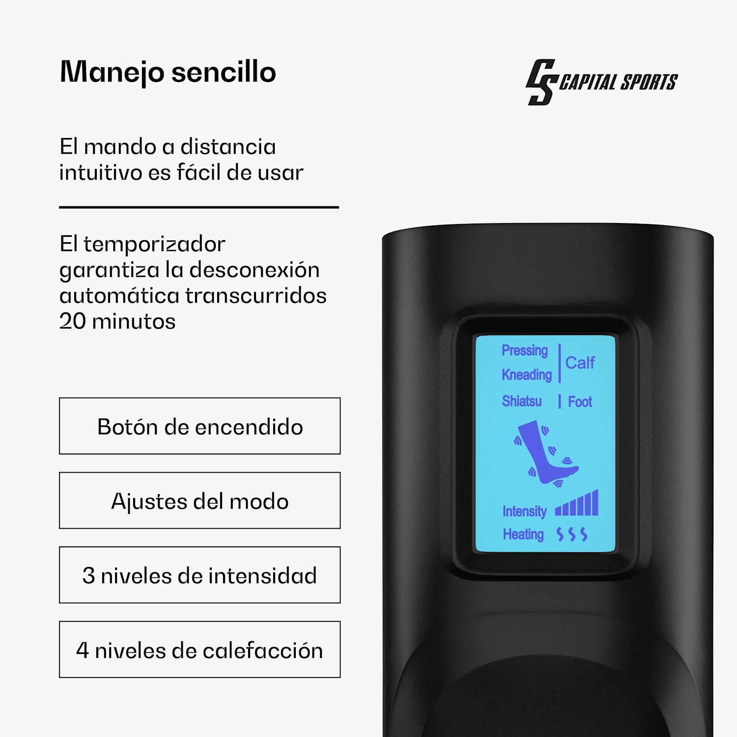 ReCrest masajeador para piernas | 3 cámaras de presión | 5 modos de masaje | Mando a distancia | desconexión automática media pierna | Negro