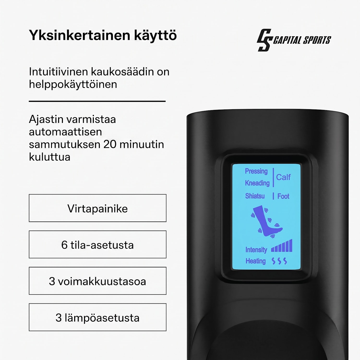 ReCrest-hierontalaite jaloille | 3 painekammiota | 5 hierontatilaa | kaukosäädin | automaattinen sammutus puoli jalka | Musta