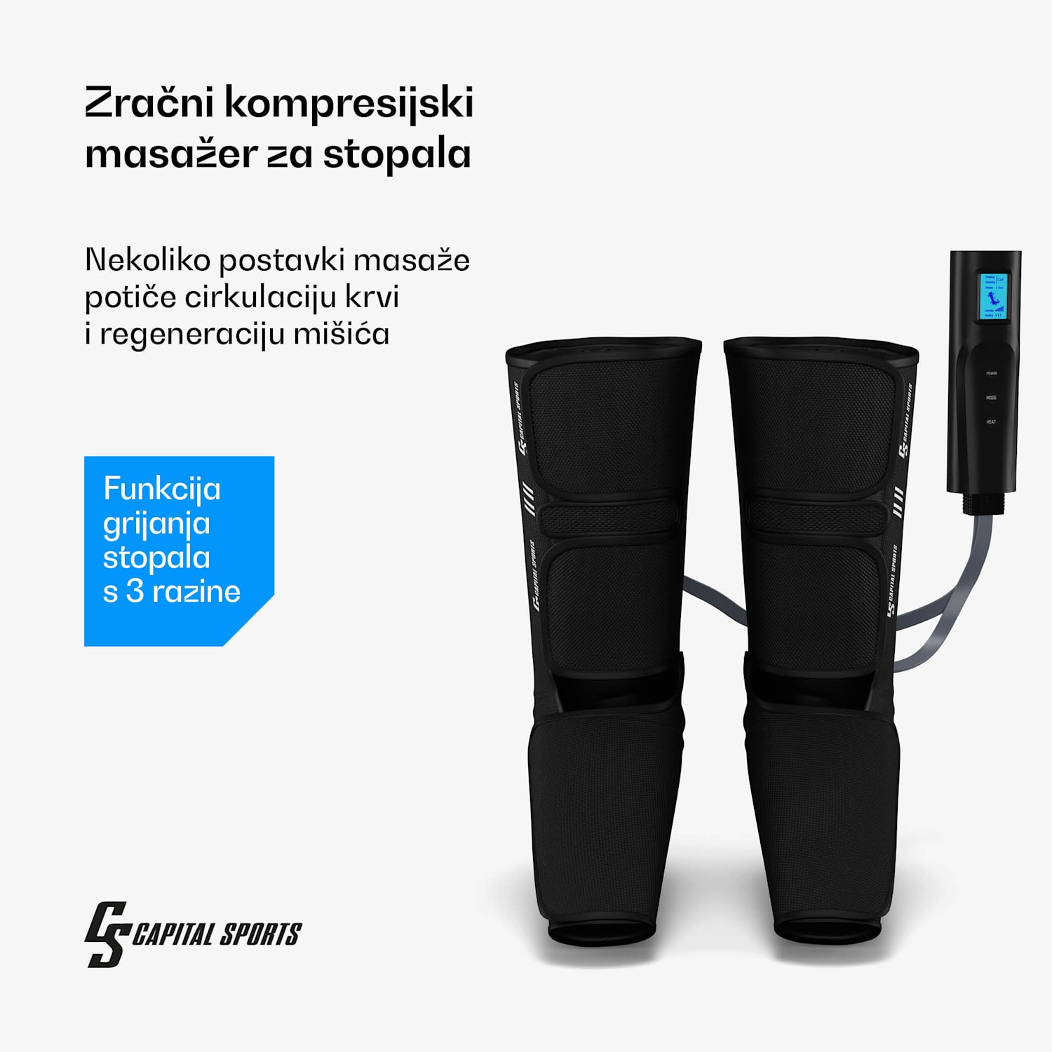ReCrest masažer za noge, 3 tlačne komore, 5 režima masaže, funkcija grijanja, automatsko isključivanje pola noge | Crna