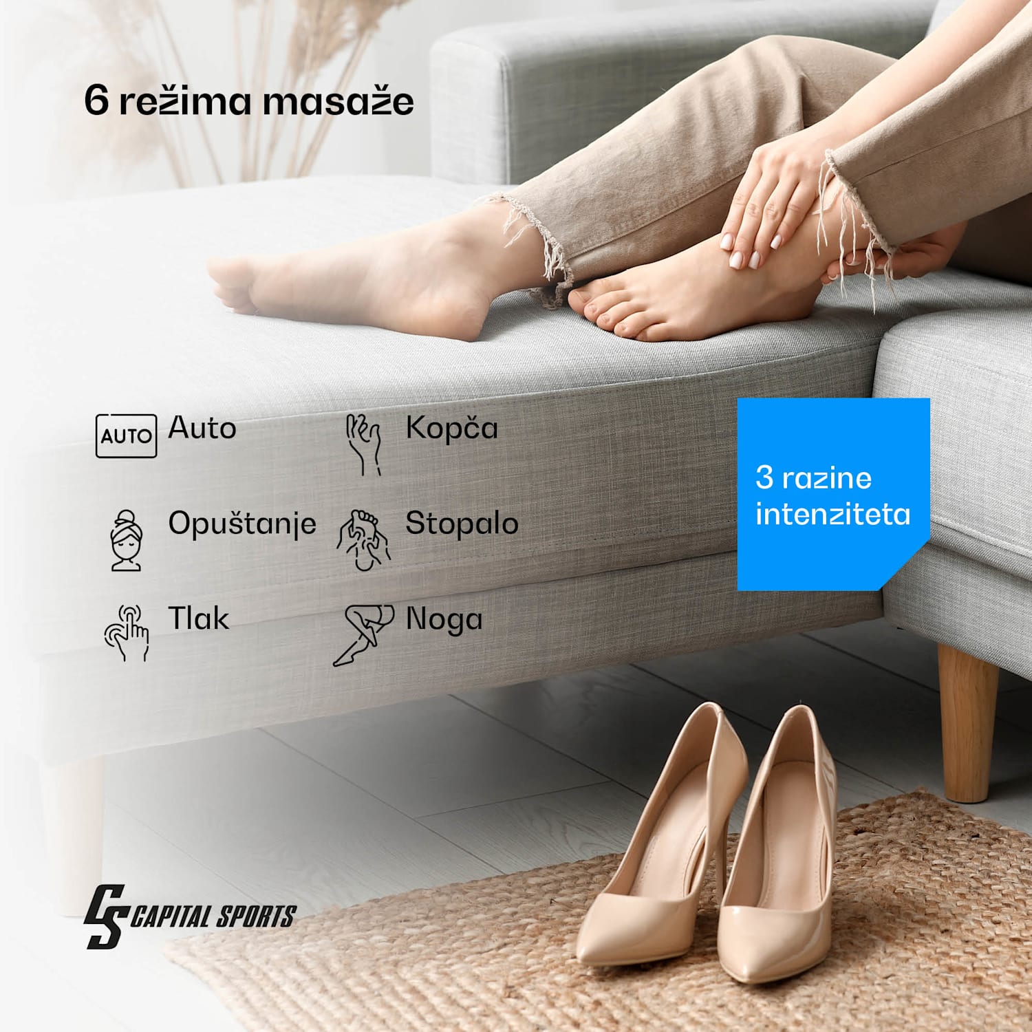 ReCrest masažer za noge, 3 tlačne komore, 5 režima masaže, funkcija grijanja, automatsko isključivanje pola noge | Crna