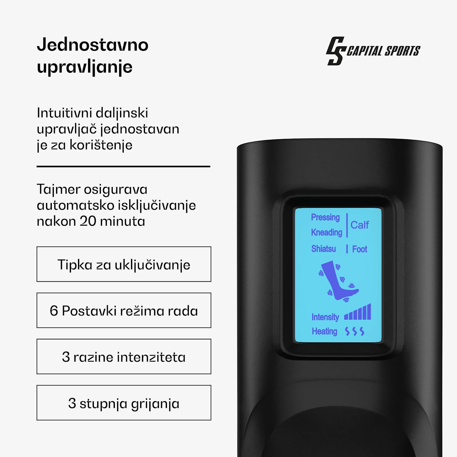 ReCrest masažer za noge, 3 tlačne komore, 5 režima masaže, funkcija grijanja, automatsko isključivanje pola noge | Crna