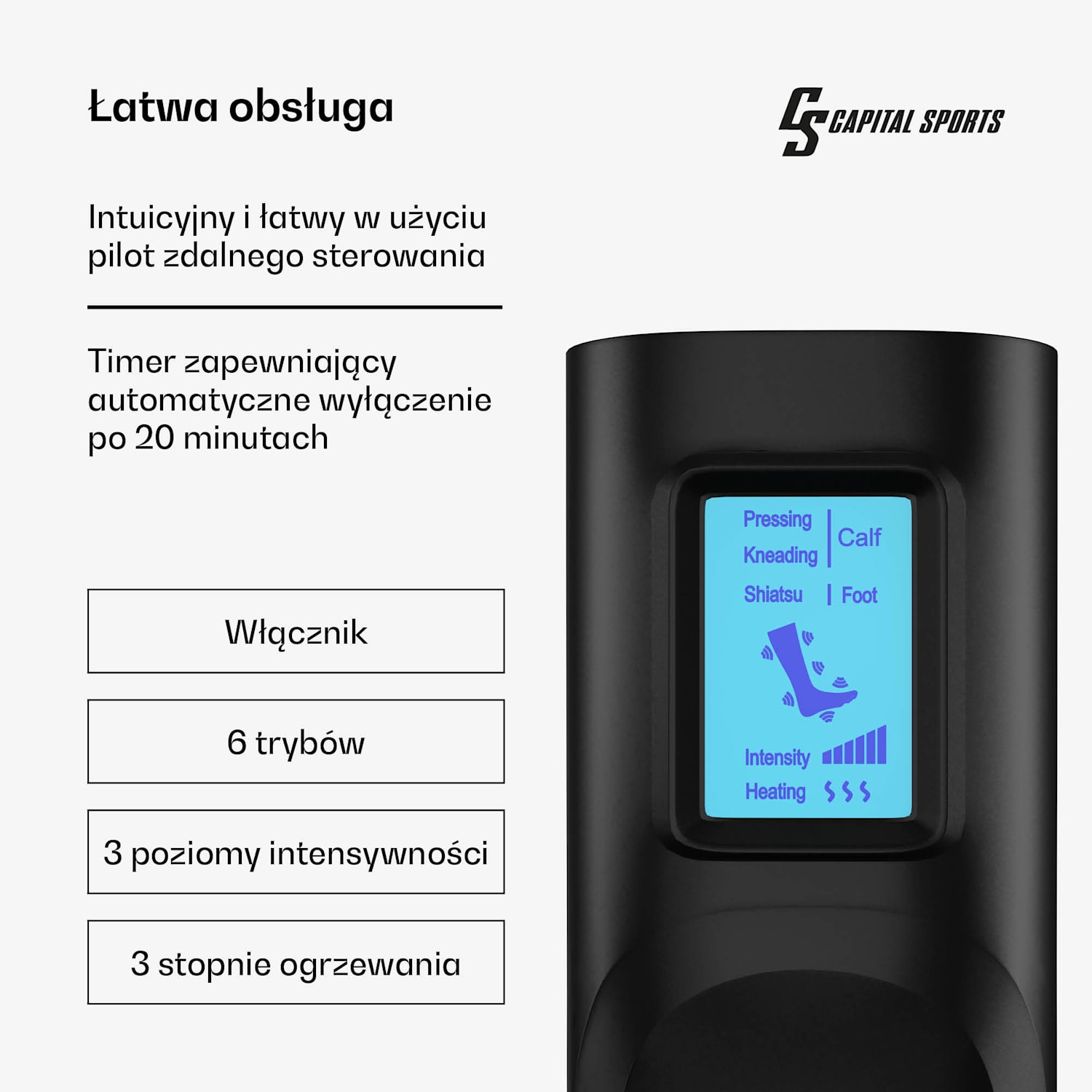 ReCrest masażer do stóp i łydek, 3 komory ciśnieniowe, 5 trybów masażu, funkcja ogrzewania, automatyczne wyłączanie pół nogi | Czarny