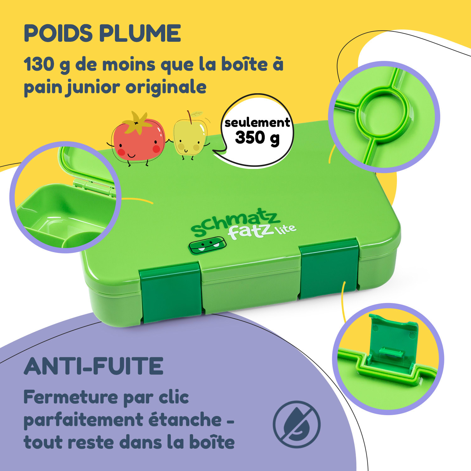 schmatzfatz by Lite Boîte à repas 6 compartiments 20,8 x 4,5 x 15 cm (LxHxP) Tritan extra léger sans BPA Vert Citron
