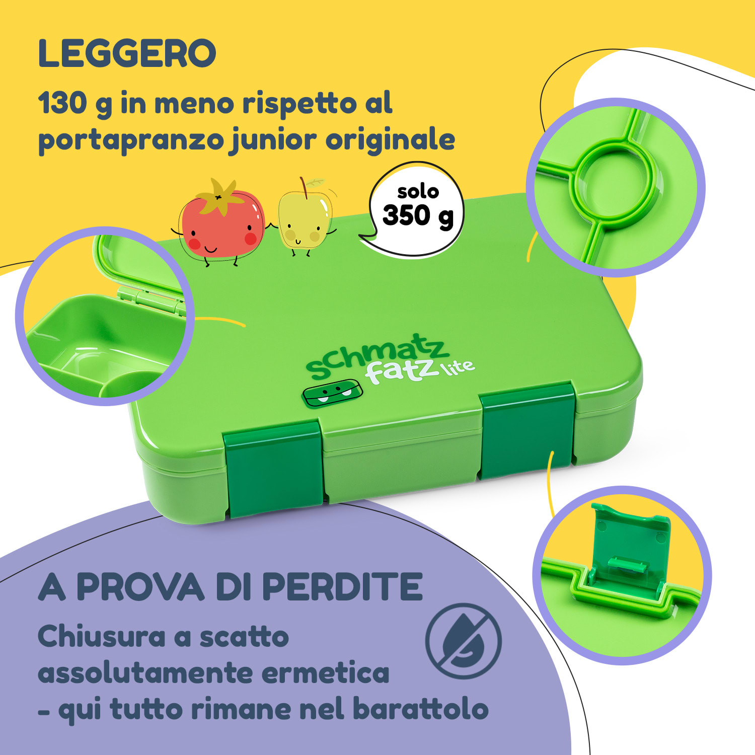 schmatzfatz by Lite - Portapranzo, 6 scomparti, 20,8 x 4,5 x 15 cm (LxAxP), senza BPA, leggerissimo, Tritan Verde lime