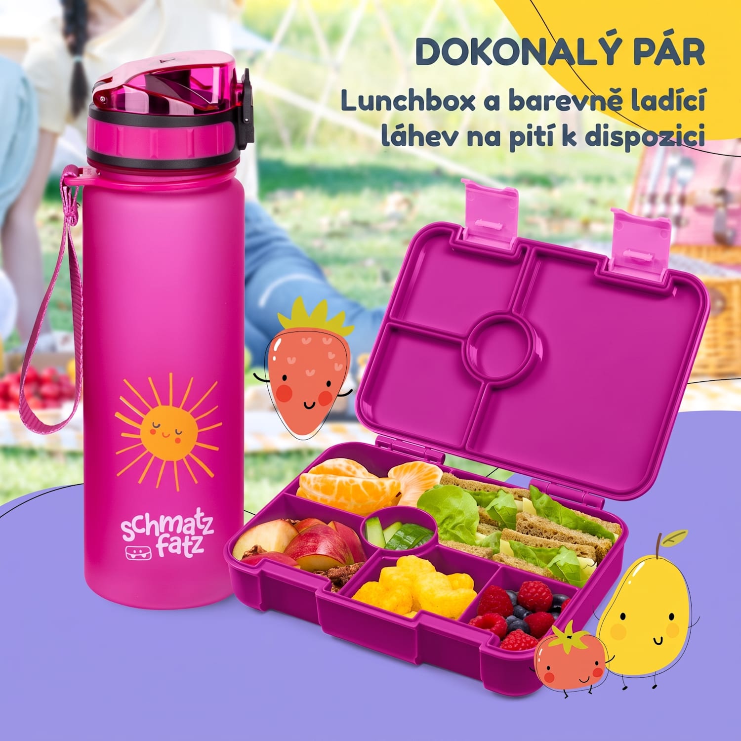 Schmatzfatz svačinový box s přihrádkami Fuchsie