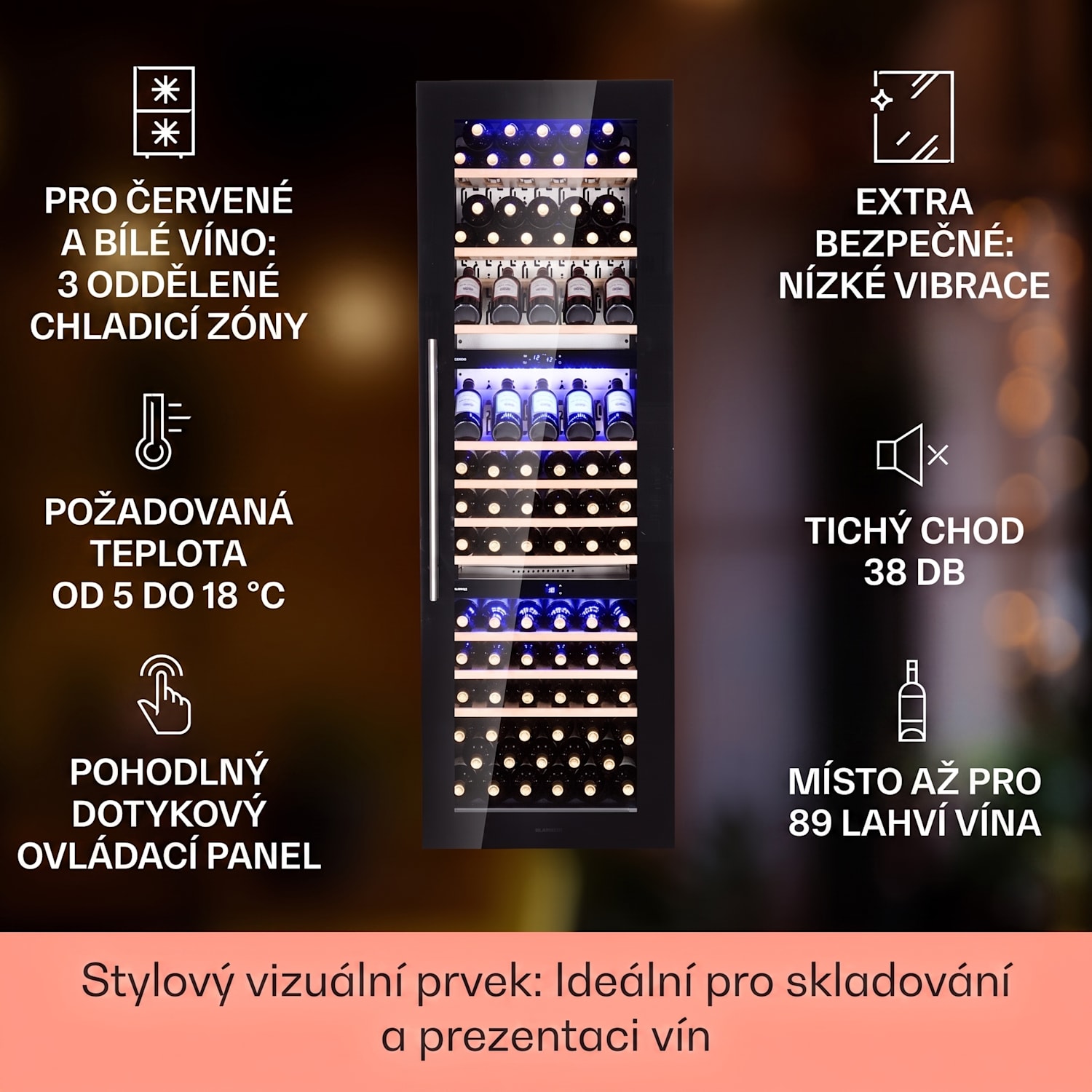 Vinsider 89 Trio, vestavná vinotéka, 5-18 °C, dotykový ovládací panel, dřevěné police 89 lahví | 3 chladicí zóny | Černá