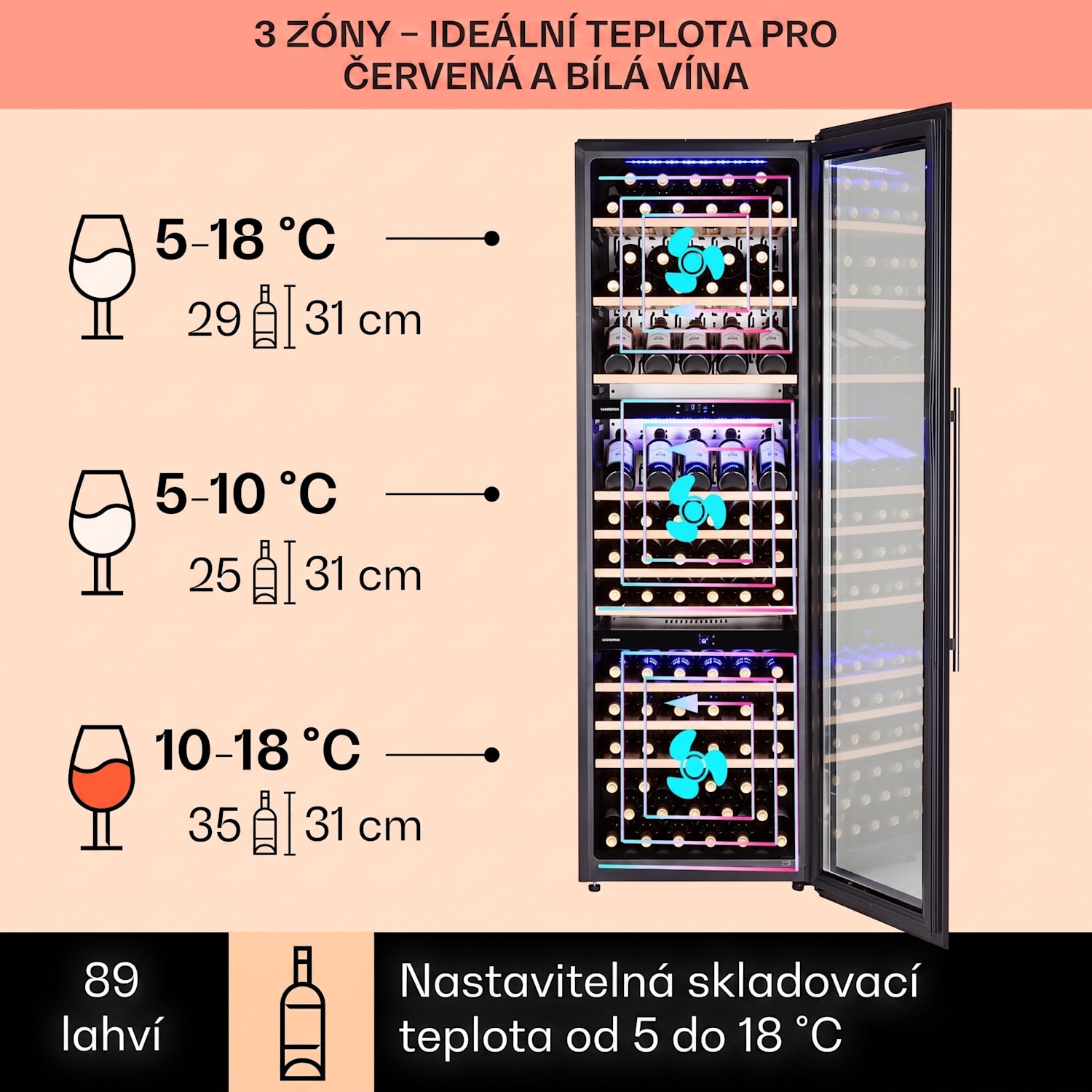 Vinsider 89 Trio, vestavná vinotéka, 5-18 °C, dotykový ovládací panel, dřevěné police 89 lahví | 3 chladicí zóny | Černá