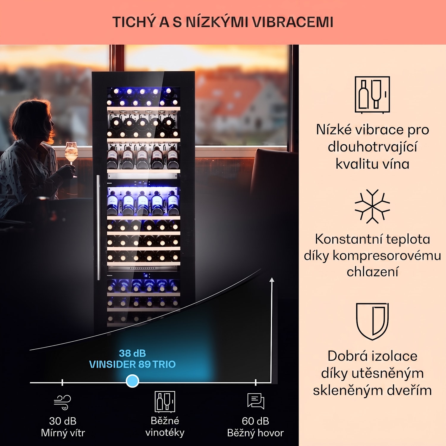 Vinsider 89 Trio, vestavná vinotéka, 5-18 °C, dotykový ovládací panel, dřevěné police 89 lahví | 3 chladicí zóny | Černá