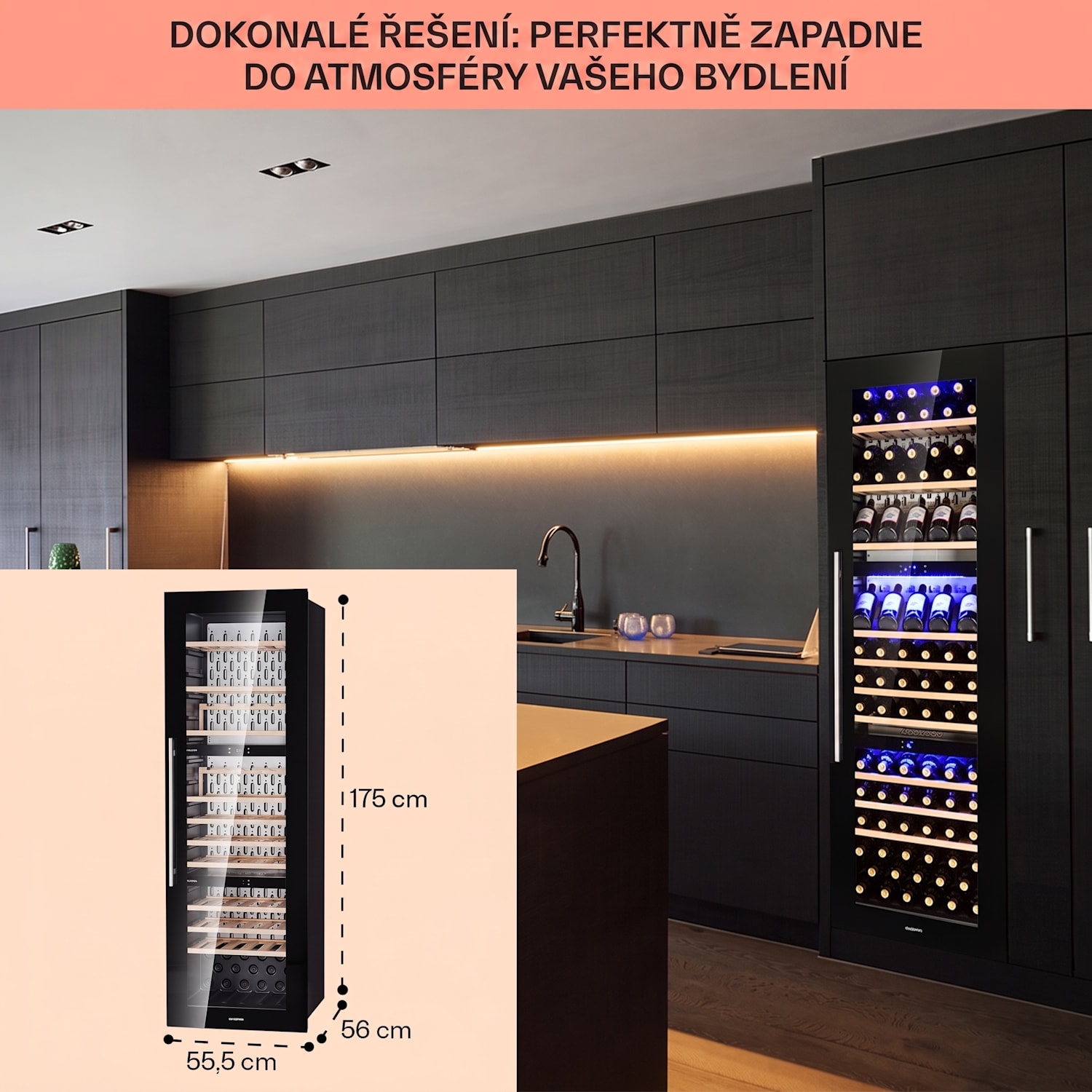Vinsider 89 Trio, vestavná vinotéka, 5-18 °C, dotykový ovládací panel, dřevěné police 89 lahví | 3 chladicí zóny | Černá