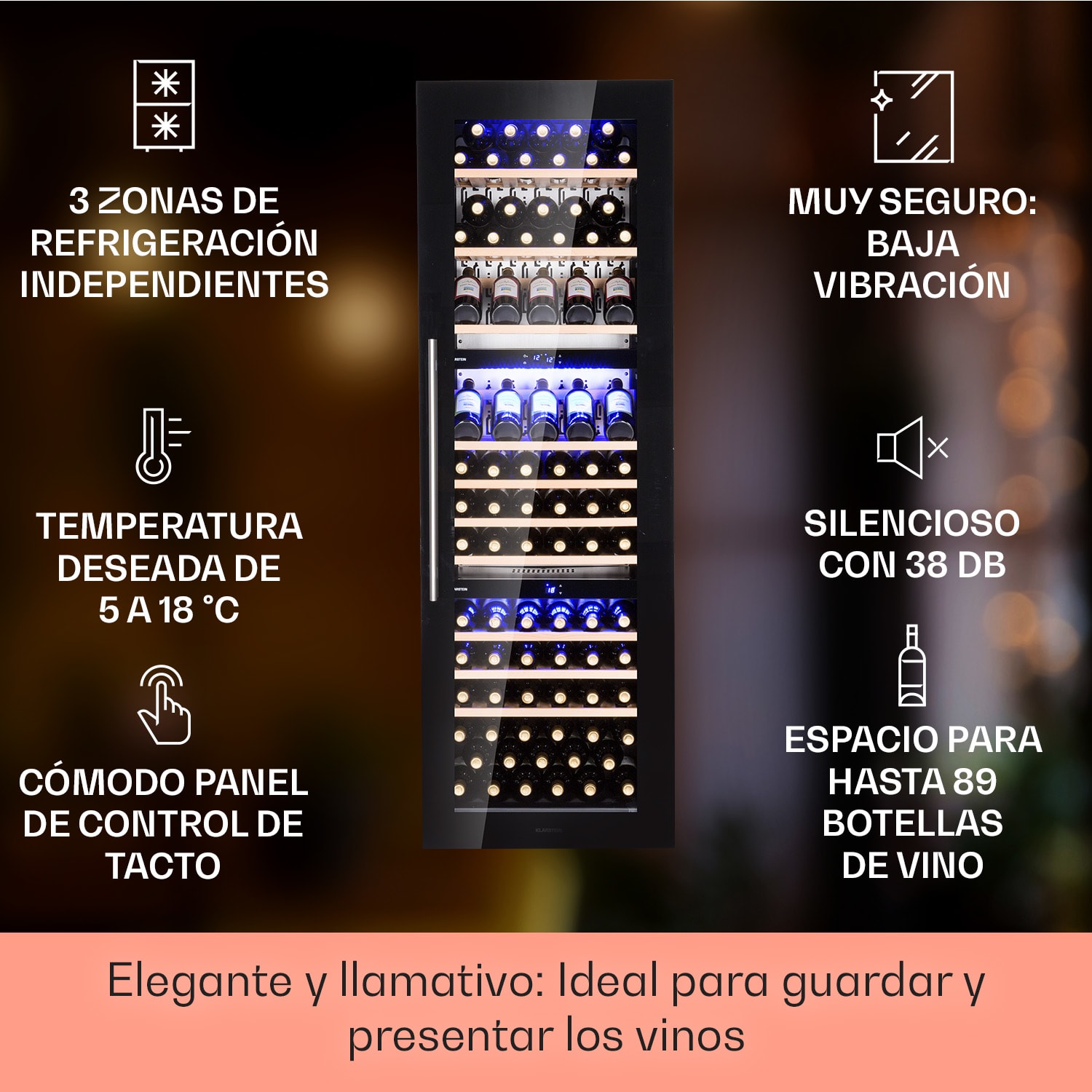 Vinsider 89 Trio empotrado enfriador de vino 5 – 18 °C panel táctil estantes de madera 89 botellas | 3 zonas de refrigeración | Negro