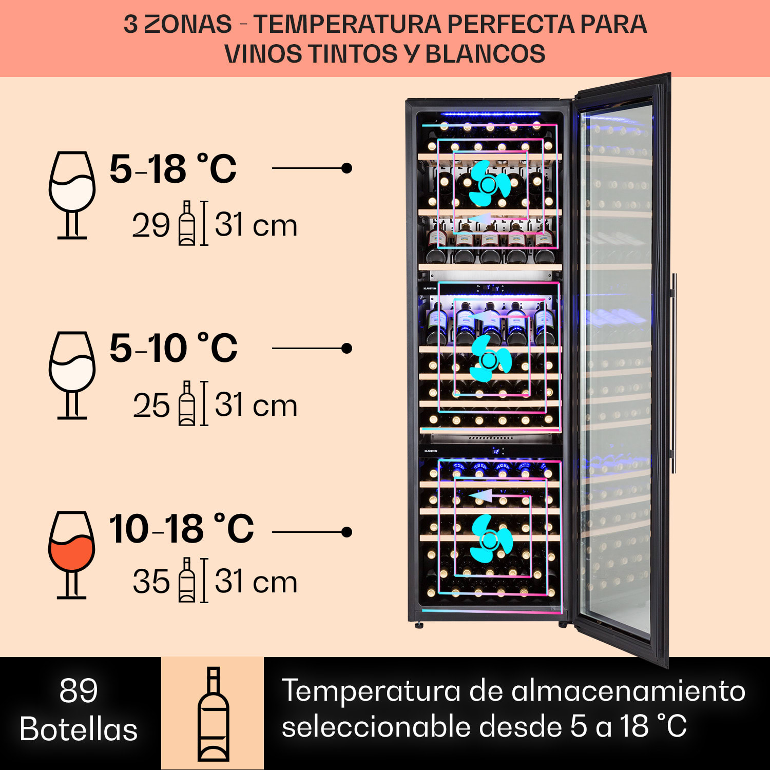 Vinsider 89 Trio empotrado enfriador de vino 5 – 18 °C panel táctil estantes de madera 89 botellas | 3 zonas de refrigeración | Negro