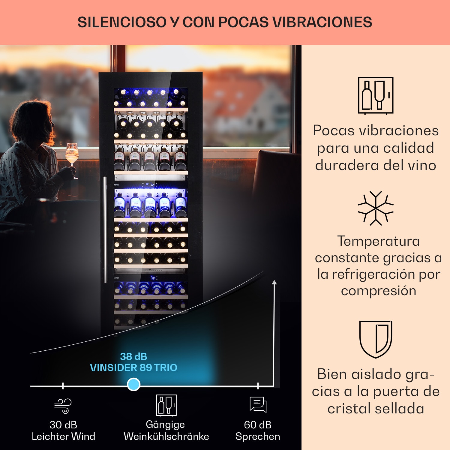Vinsider 89 Trio empotrado enfriador de vino 5 – 18 °C panel táctil estantes de madera 89 botellas | 3 zonas de refrigeración | Negro