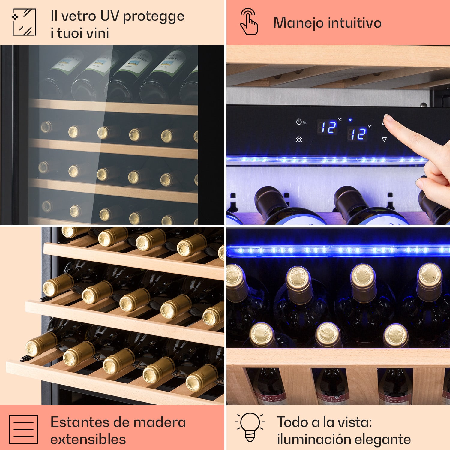 Vinsider 89 Trio empotrado enfriador de vino 5 – 18 °C panel táctil estantes de madera 89 botellas | 3 zonas de refrigeración | Negro