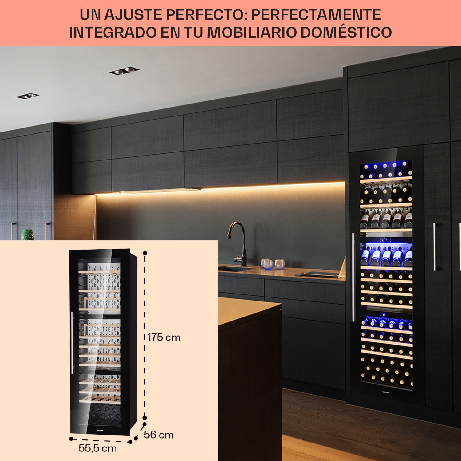 Vinsider 89 Trio empotrado enfriador de vino 5 – 18 °C panel táctil estantes de madera 89 botellas | 3 zonas de refrigeración | Negro