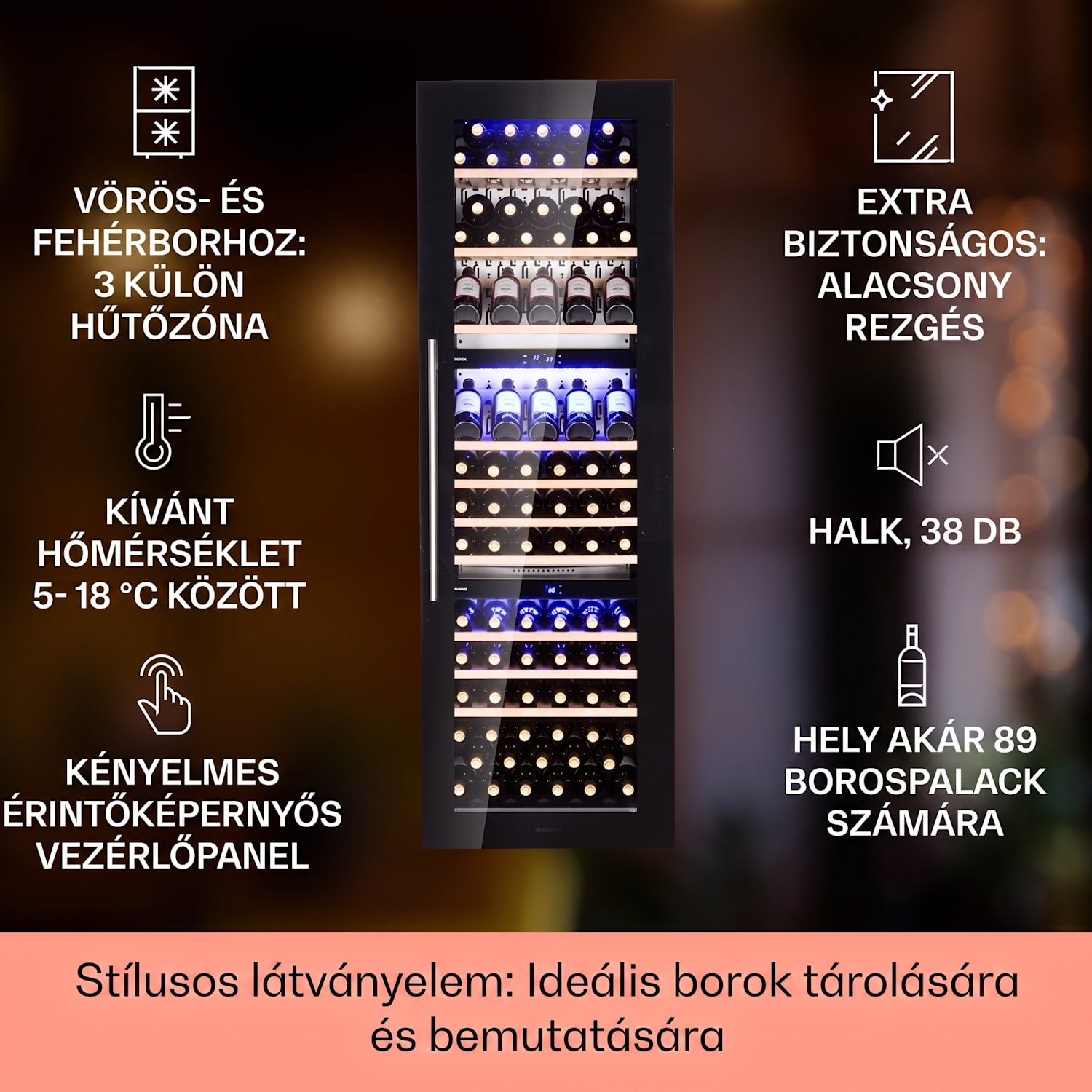 Vinsider 89 Trio, beépített borhűtő, 5 - 18 °C, érintőképernyős vezérlőpanel, fa polcok 89 palack | 3 hűtőzóna | Fekete