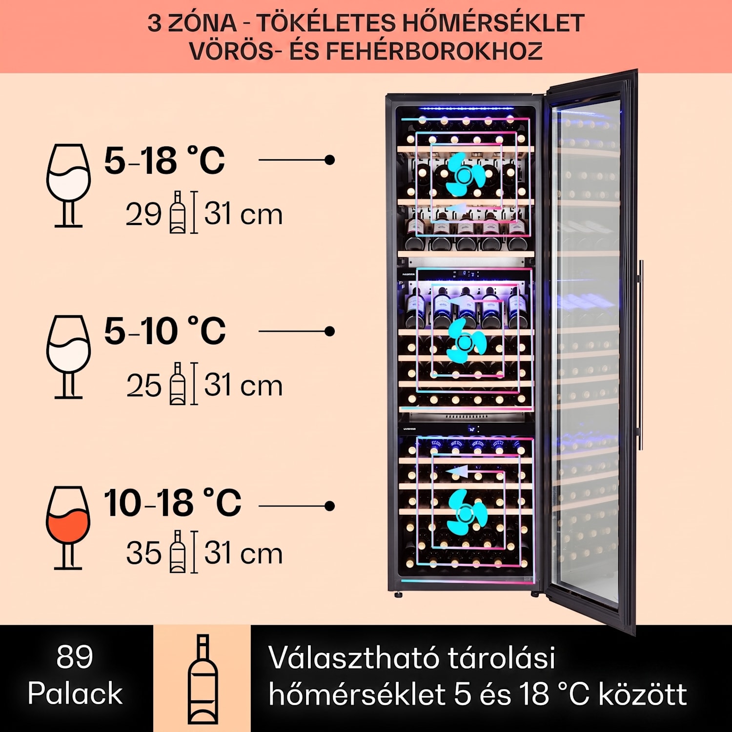 Vinsider 89 Trio, beépített borhűtő, 5 - 18 °C, érintőképernyős vezérlőpanel, fa polcok 89 palack | 3 hűtőzóna | Fekete