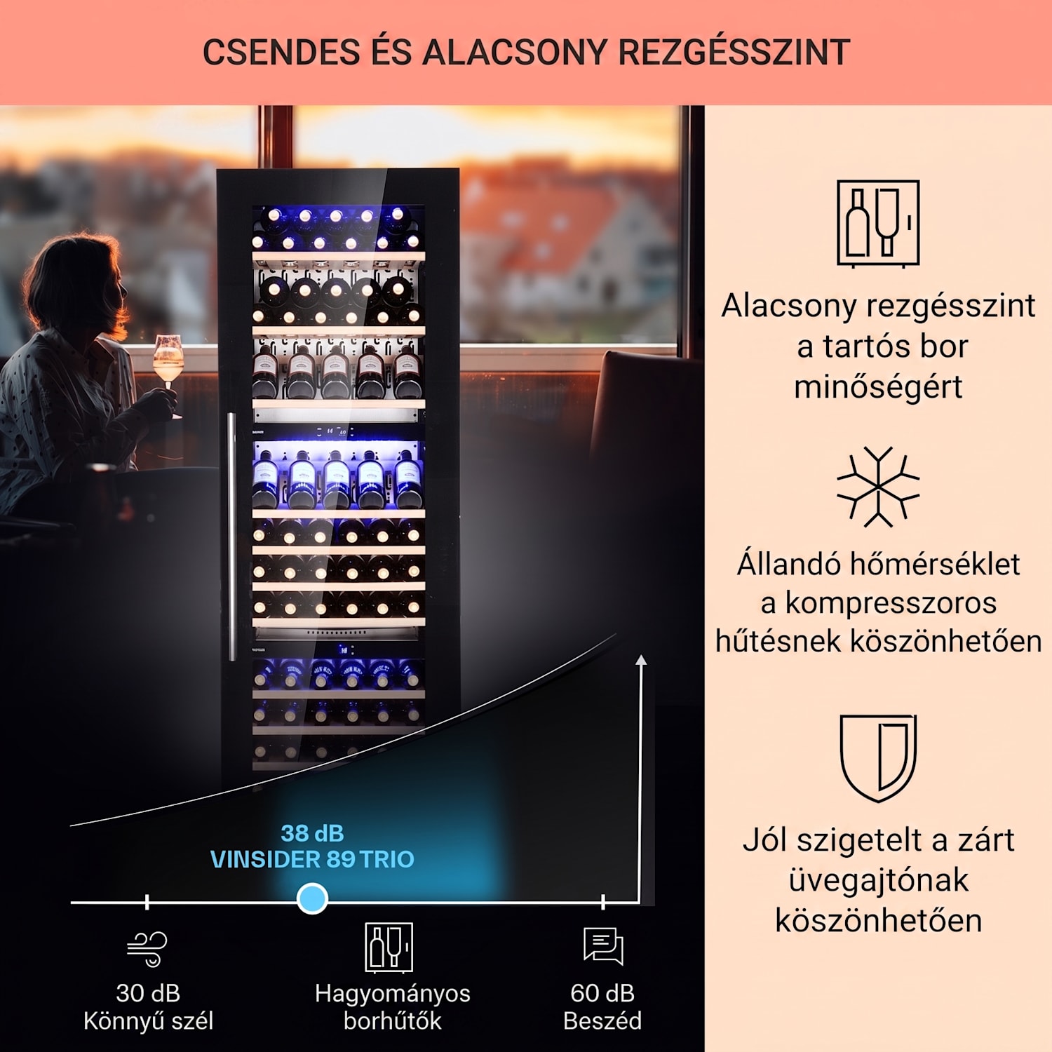 Vinsider 89 Trio, beépített borhűtő, 5 - 18 °C, érintőképernyős vezérlőpanel, fa polcok 89 palack | 3 hűtőzóna | Fekete