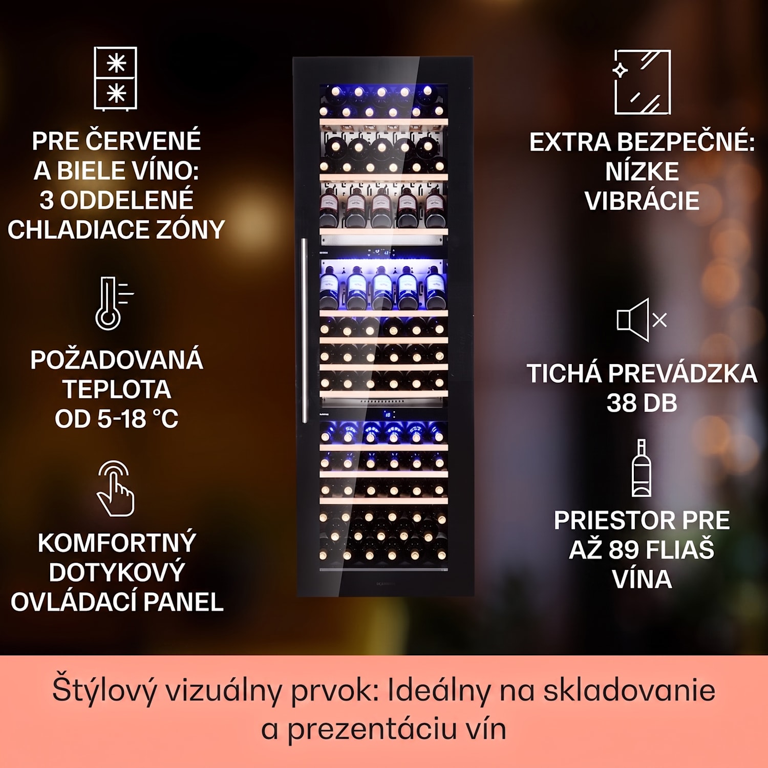 Vinsider 89 Trio, vstavaná vinotéka, 5-18°C, dotykový ovládací panel, drevené police 89 fliaš | 3 chladiace zóny | Čierna