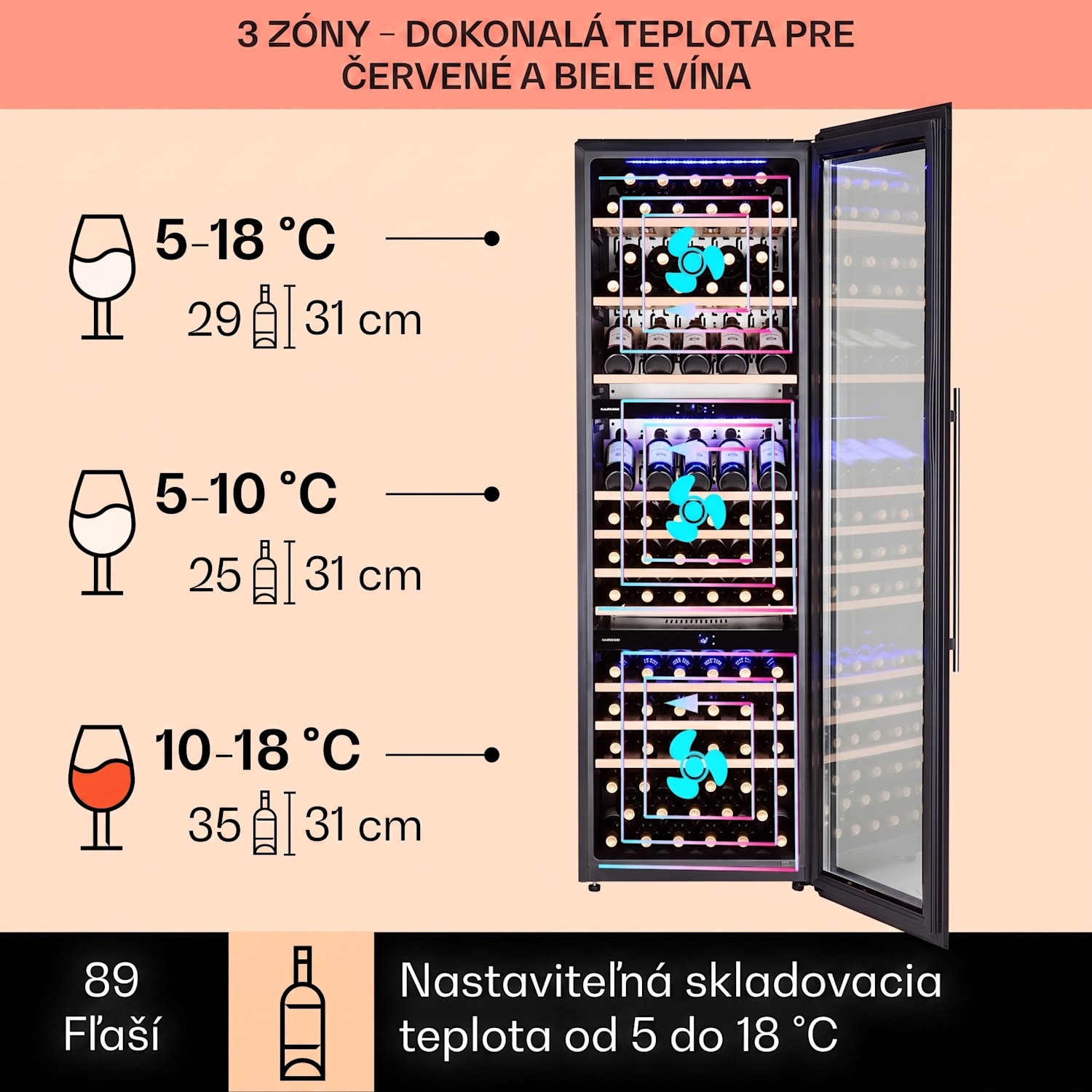 Vinsider 89 Trio, vstavaná vinotéka, 5-18°C, dotykový ovládací panel, drevené police 89 fliaš | 3 chladiace zóny | Čierna
