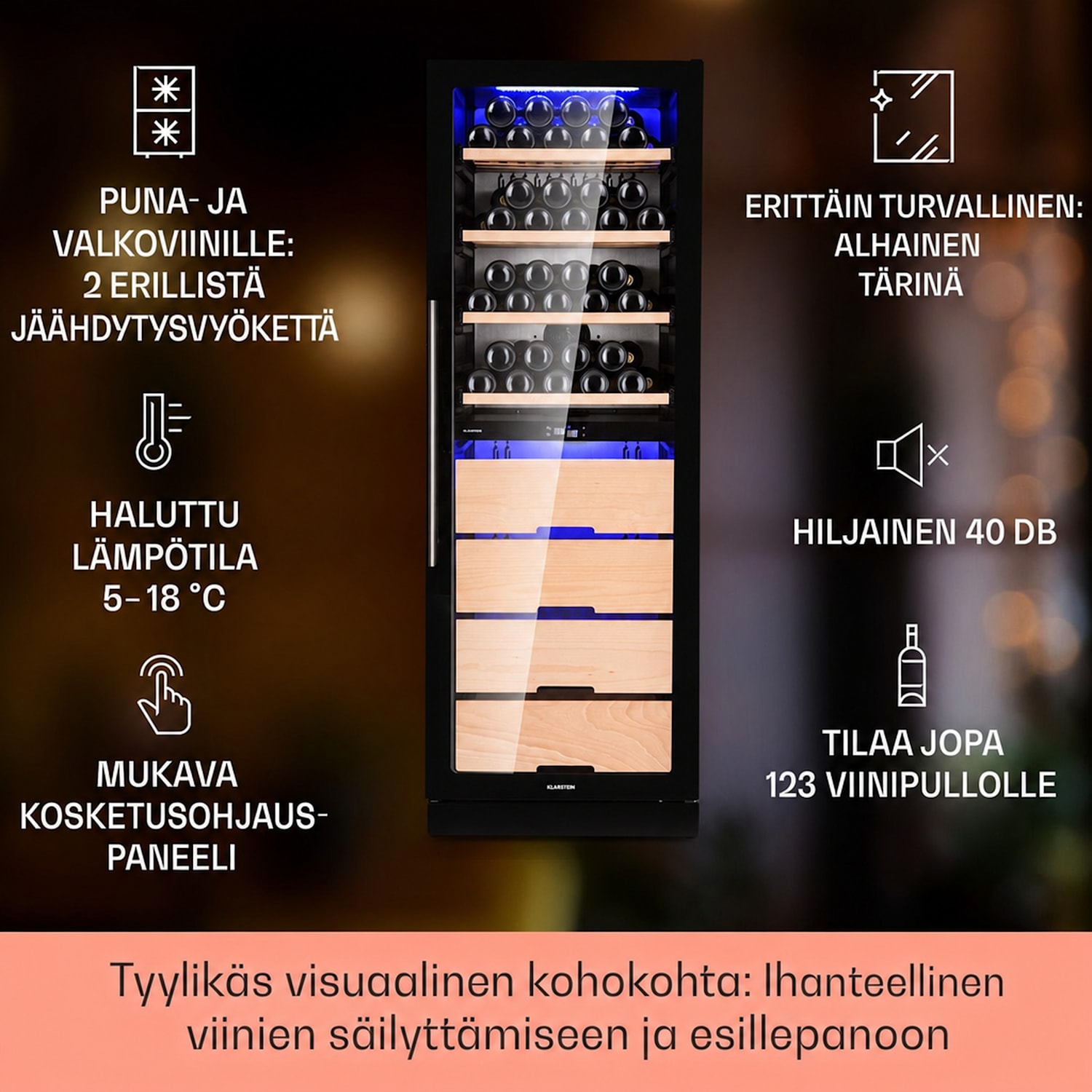 Barossa 123 Duo viinikaappi 123 pulloa 226 l 2 vyöhykettä kosketusohjaus 2 jäähdytysalue | 123 pulloa