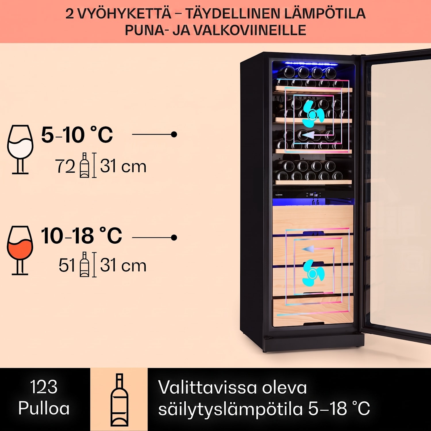 Barossa 123 Duo viinikaappi 123 pulloa 226 l 2 vyöhykettä kosketusohjaus 2 jäähdytysalue | 123 pulloa