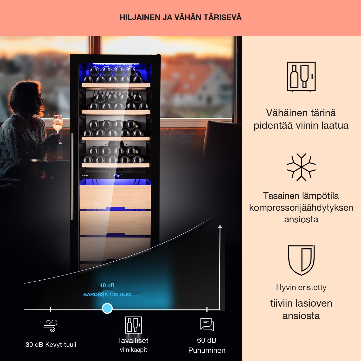 Barossa 123 Duo viinikaappi 123 pulloa 226 l 2 vyöhykettä kosketusohjaus 2 jäähdytysalue | 123 pulloa