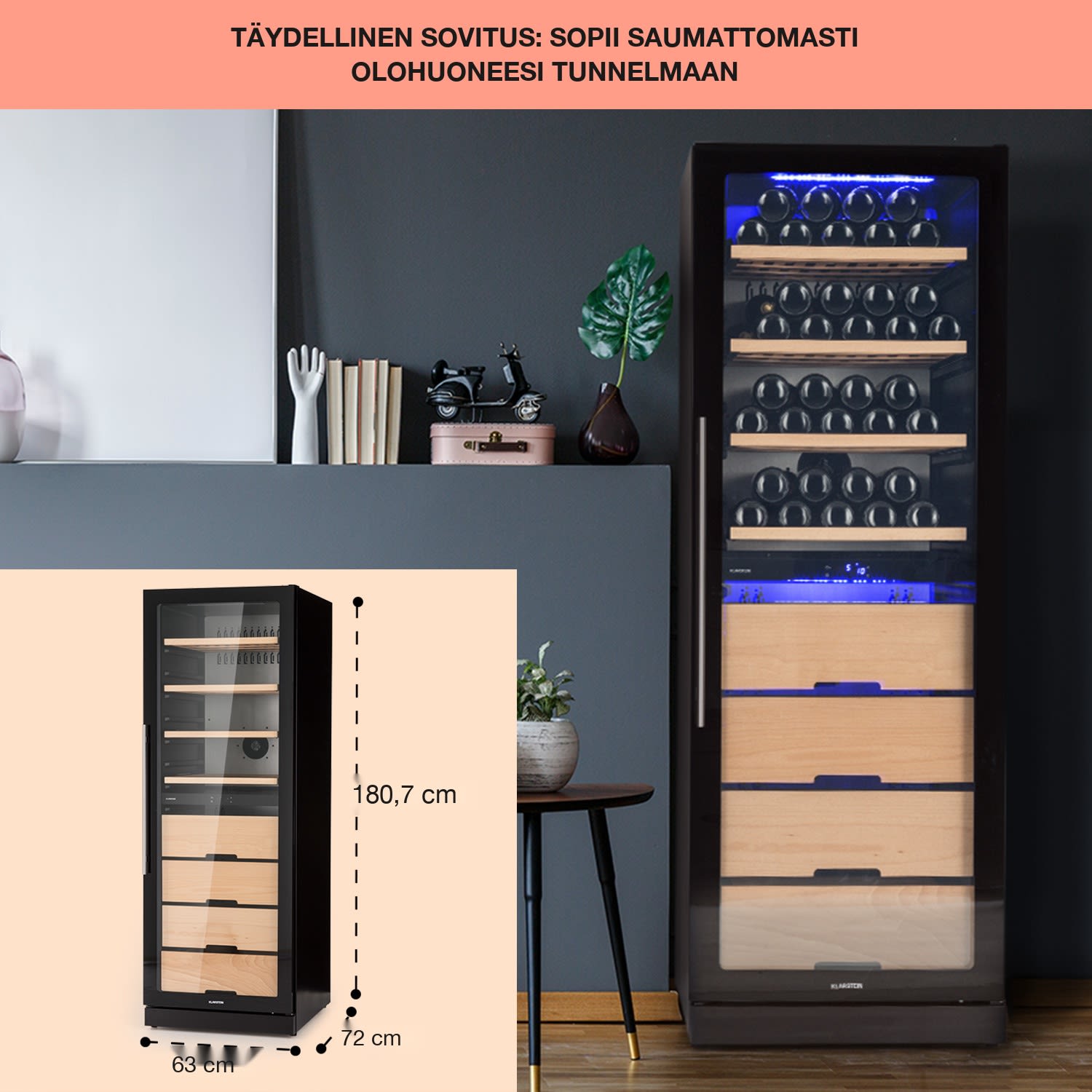 Barossa 123 Duo viinikaappi 123 pulloa 226 l 2 vyöhykettä kosketusohjaus 2 jäähdytysalue | 123 pulloa