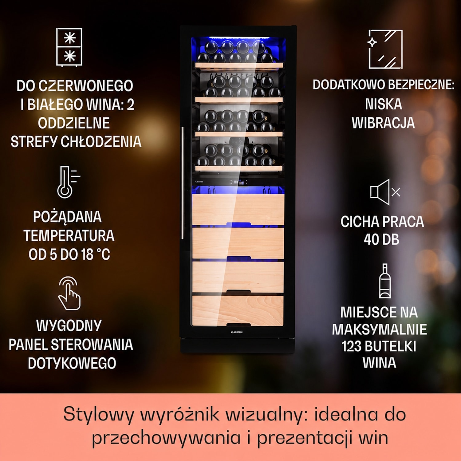 Barossa 123 Duo lodówka do wina 123 butelki 226 l 2 strefy sterowanie dotykowe 2 strefy chłodzenia | 123 butelek