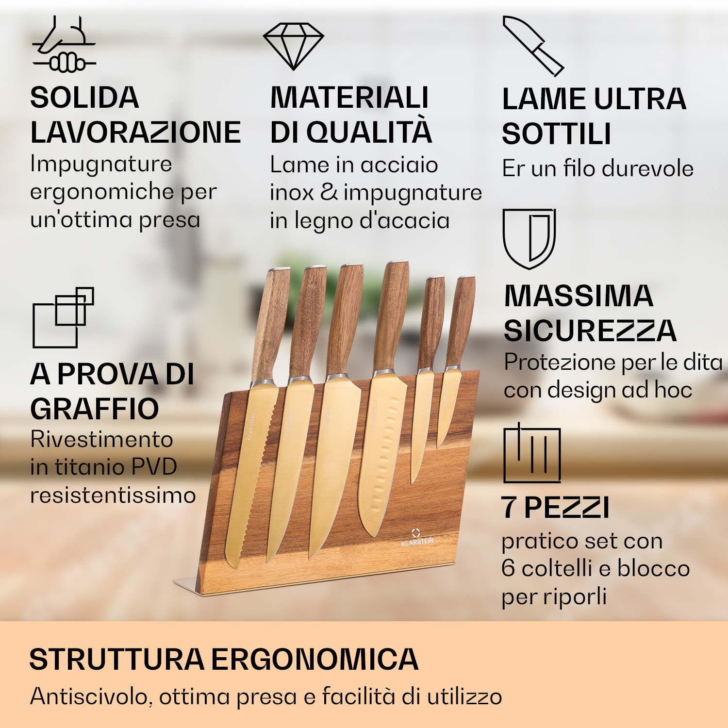 Kazuno - Set di coltelli, 7 pezzi, blocco magnetico, rivestimento in titanio PVD 