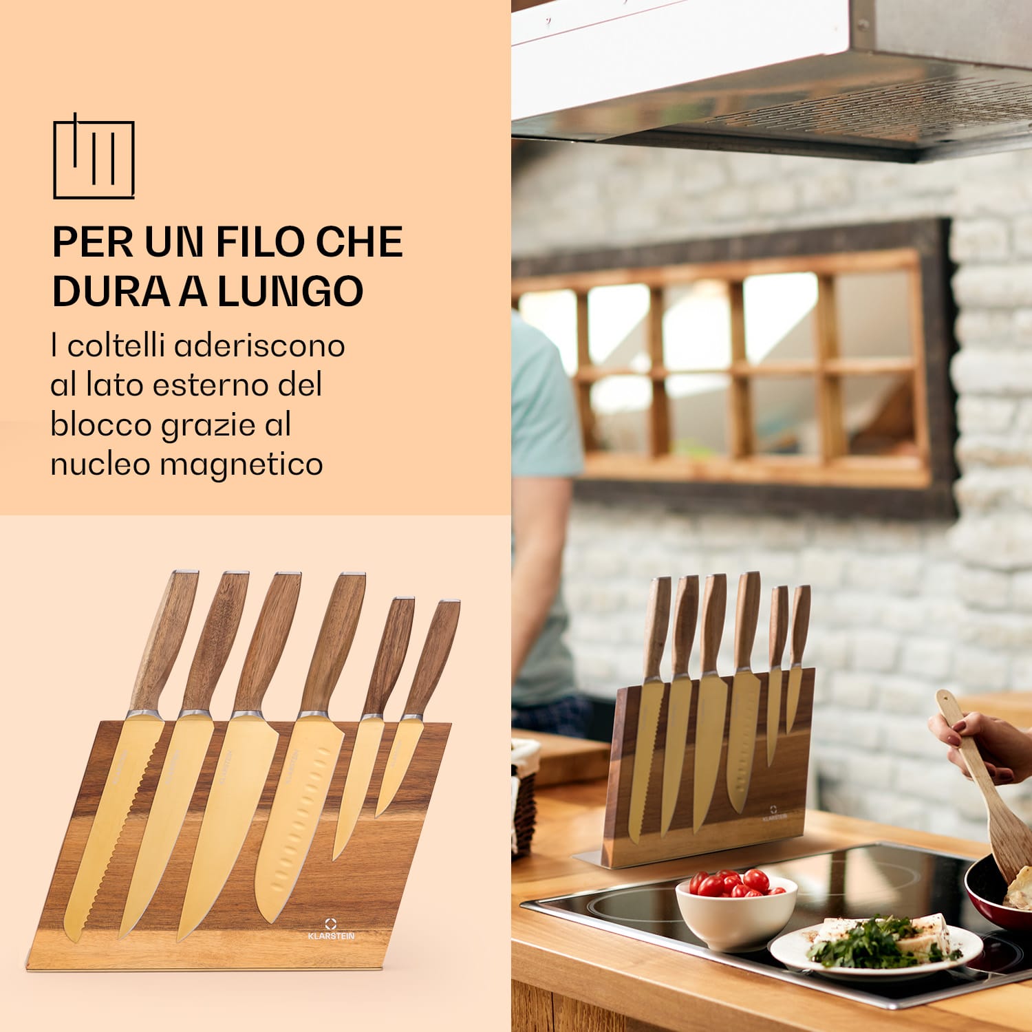 Kazuno - Set di coltelli, 7 pezzi, blocco magnetico, rivestimento in titanio PVD 