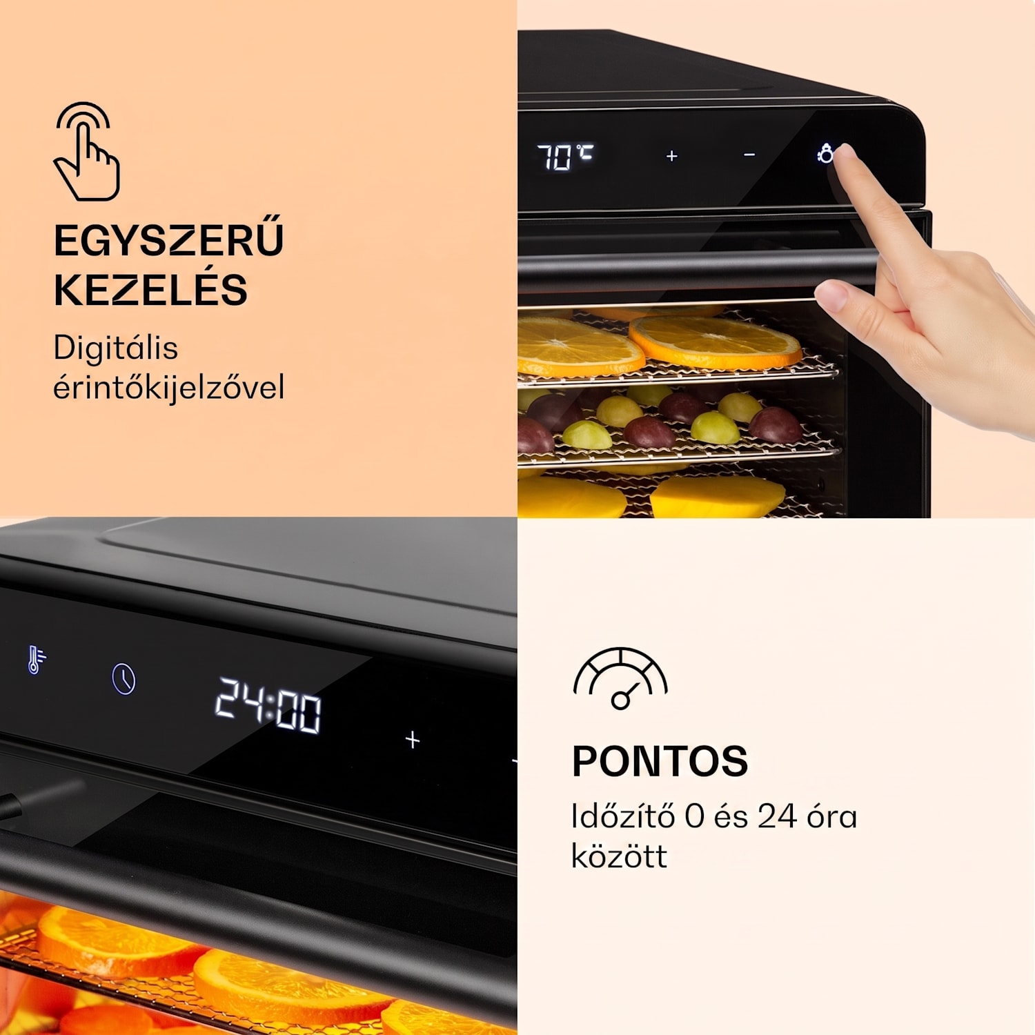 Shaftesbury, automatikus aszalógép, 700 W, 35-80 °C, időzítő, digitális érintőképernyős kijelző Fekete