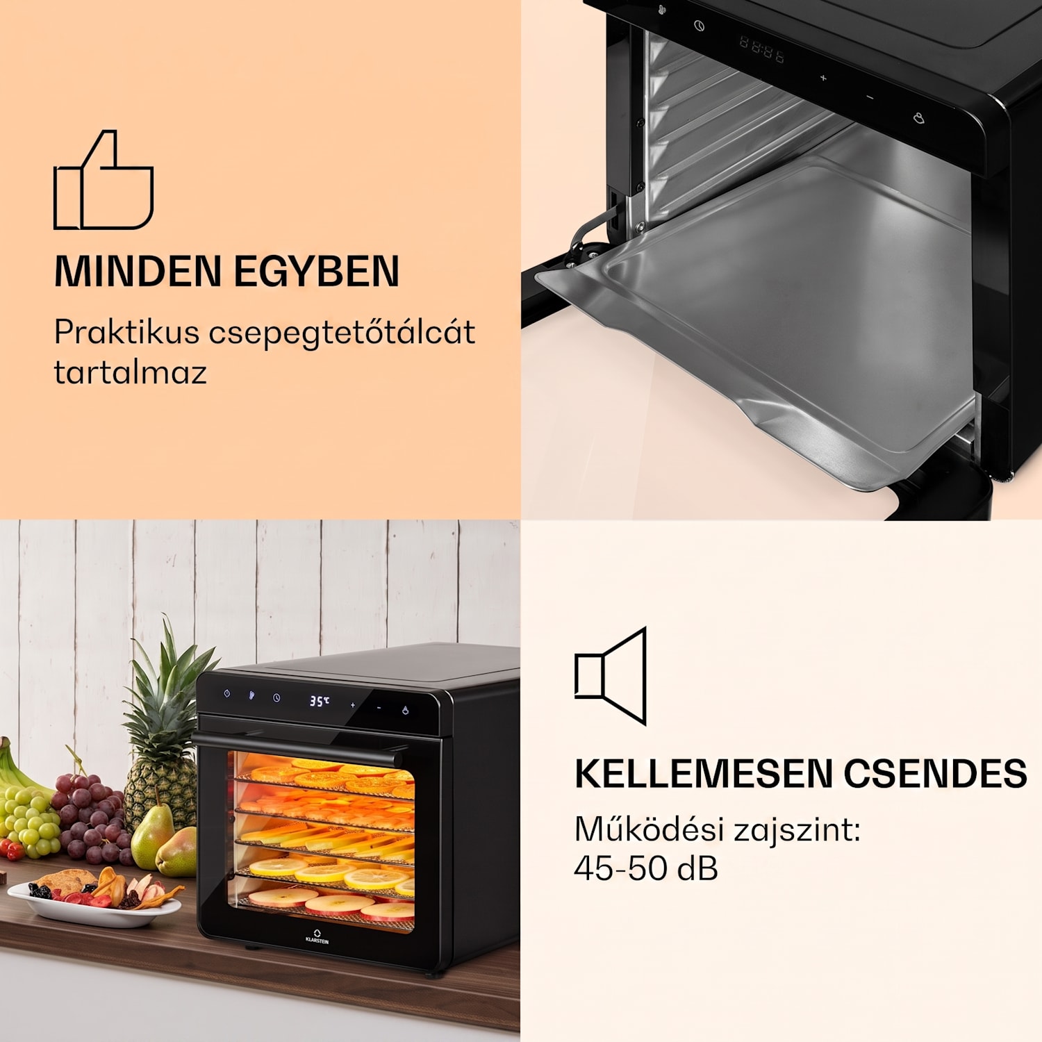 Shaftesbury, automatikus aszalógép, 700 W, 35-80 °C, időzítő, digitális érintőképernyős kijelző Fekete