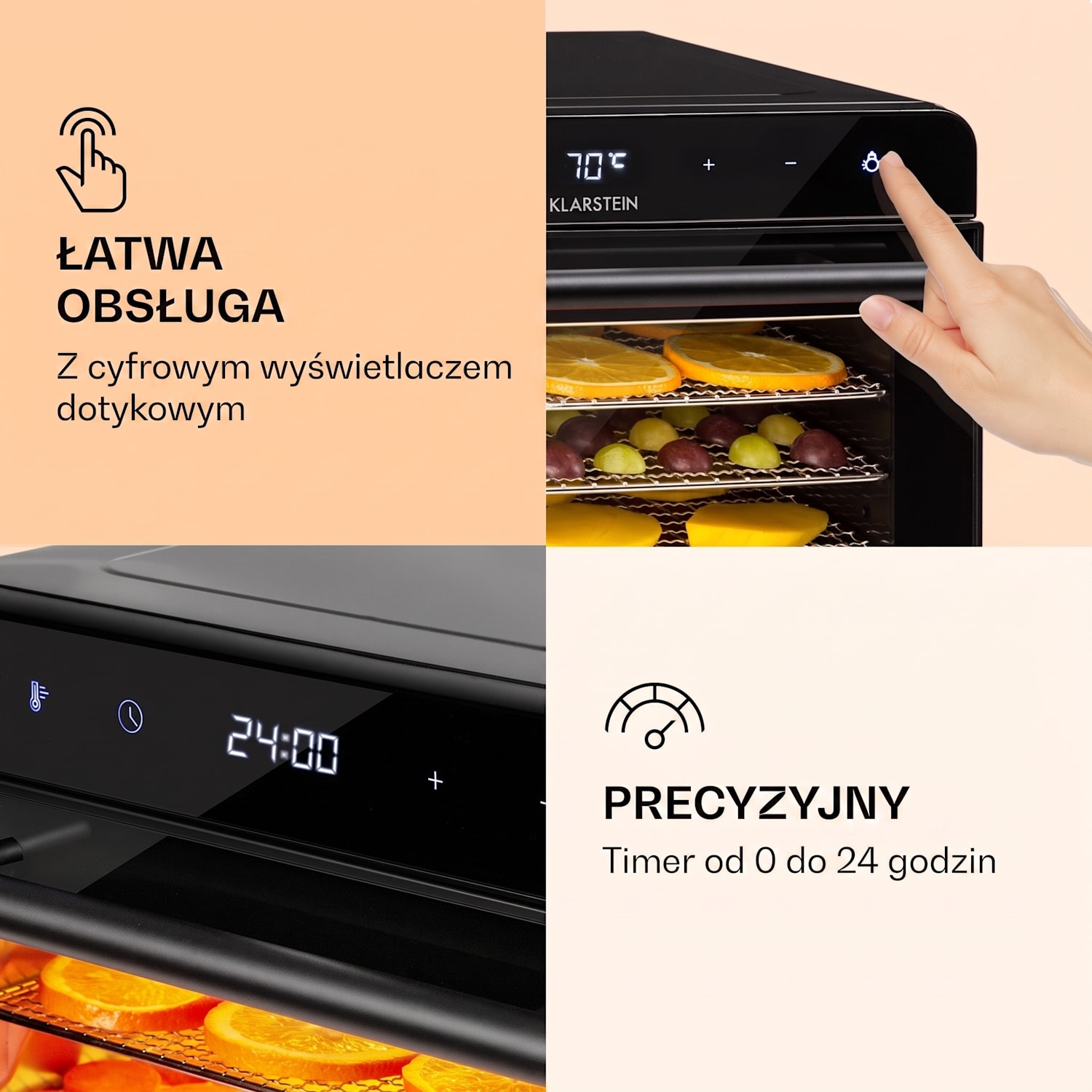 Shaftesbury, suszarka spożywcza do suszenia grzybów, owoców, warzyw i ziół, 700 W, minutnik, 30-85°C, ekran dotykowy Czarny