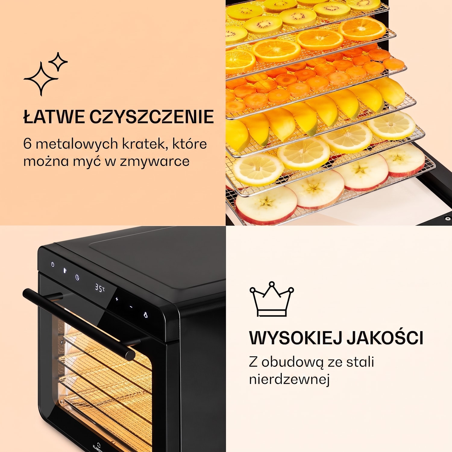 Shaftesbury, suszarka spożywcza do suszenia grzybów, owoców, warzyw i ziół, 700 W, minutnik, 30-85°C, ekran dotykowy Czarny