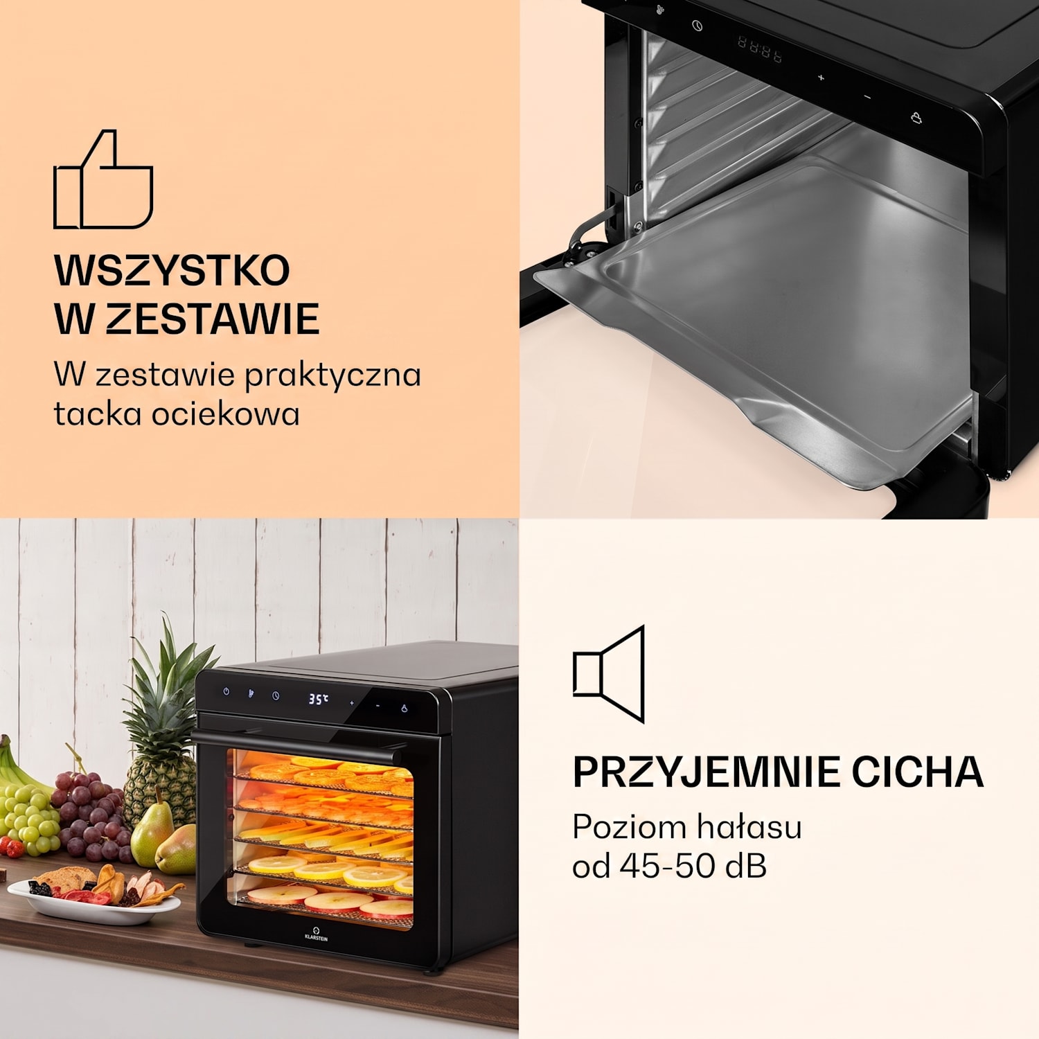 Shaftesbury, suszarka spożywcza do suszenia grzybów, owoców, warzyw i ziół, 700 W, minutnik, 30-85°C, ekran dotykowy Czarny