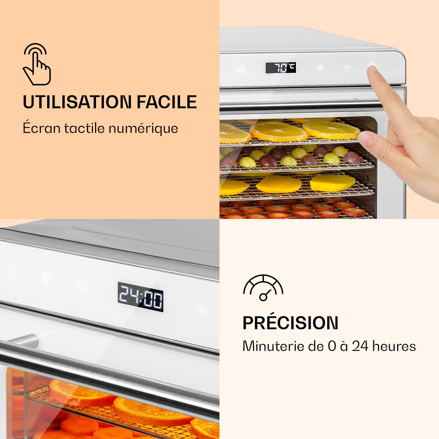 Déshydrateur alimentaire Shaftesbury 700W Fonction minuterie 35-85°C écran tactile numérique Argent Métallisé