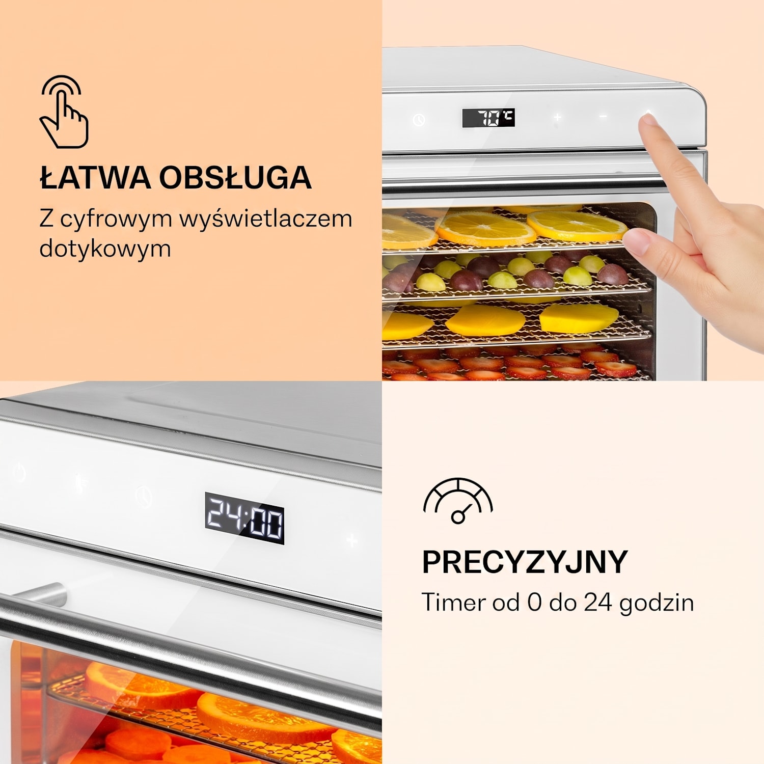 Shaftesbury, suszarka spożywcza do suszenia grzybów, owoców, warzyw i ziół, 700 W, minutnik, 30-85°C, ekran dotykowy Srebrny Metal