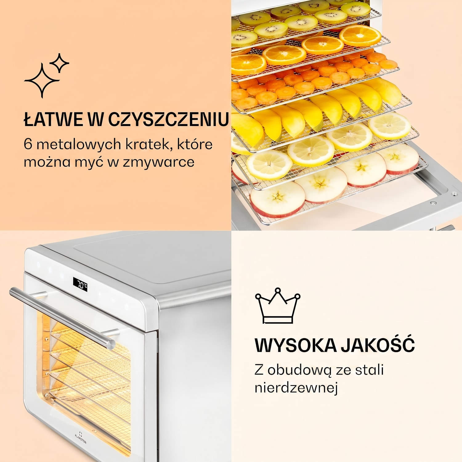 Shaftesbury, suszarka spożywcza do suszenia grzybów, owoców, warzyw i ziół, 700 W, minutnik, 30-85°C, ekran dotykowy Srebrny Metal