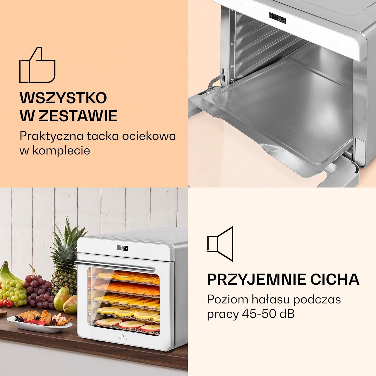 Shaftesbury, suszarka spożywcza do suszenia grzybów, owoców, warzyw i ziół, 700 W, minutnik, 30-85°C, ekran dotykowy Srebrny Metal