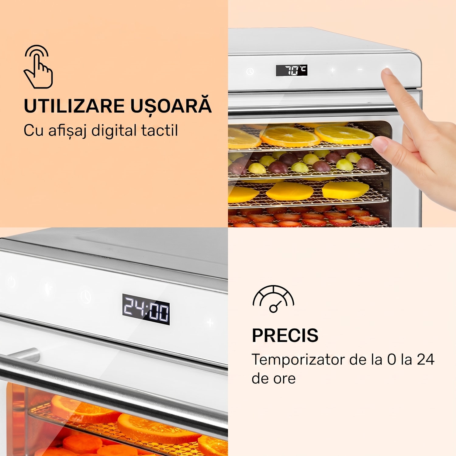 Shaftesbury, uscător de alimente automat, 700 W, funcție cu cronometru, 35-85°C, ecran tactil digital Argintiu metalizat