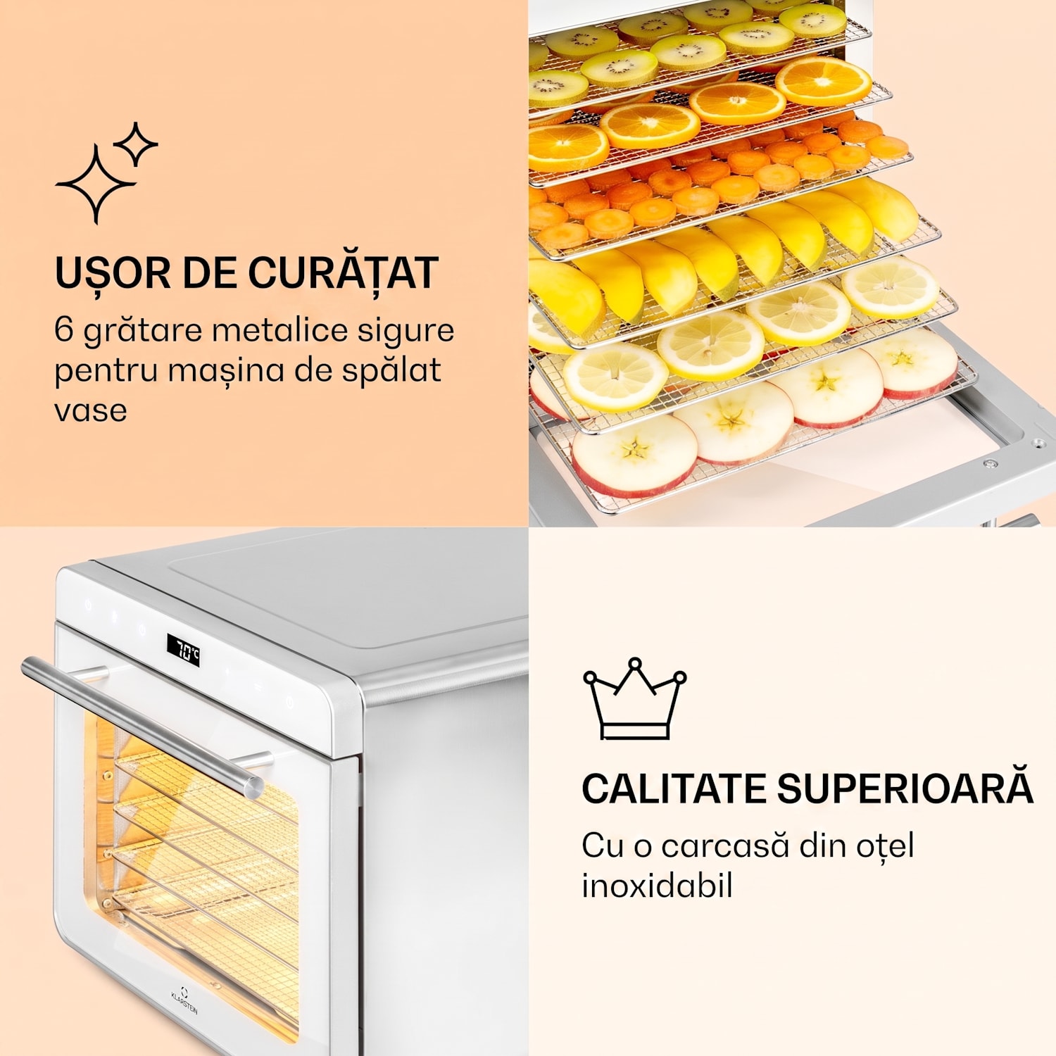 Shaftesbury, uscător de alimente automat, 700 W, funcție cu cronometru, 35-85°C, ecran tactil digital Argintiu metalizat