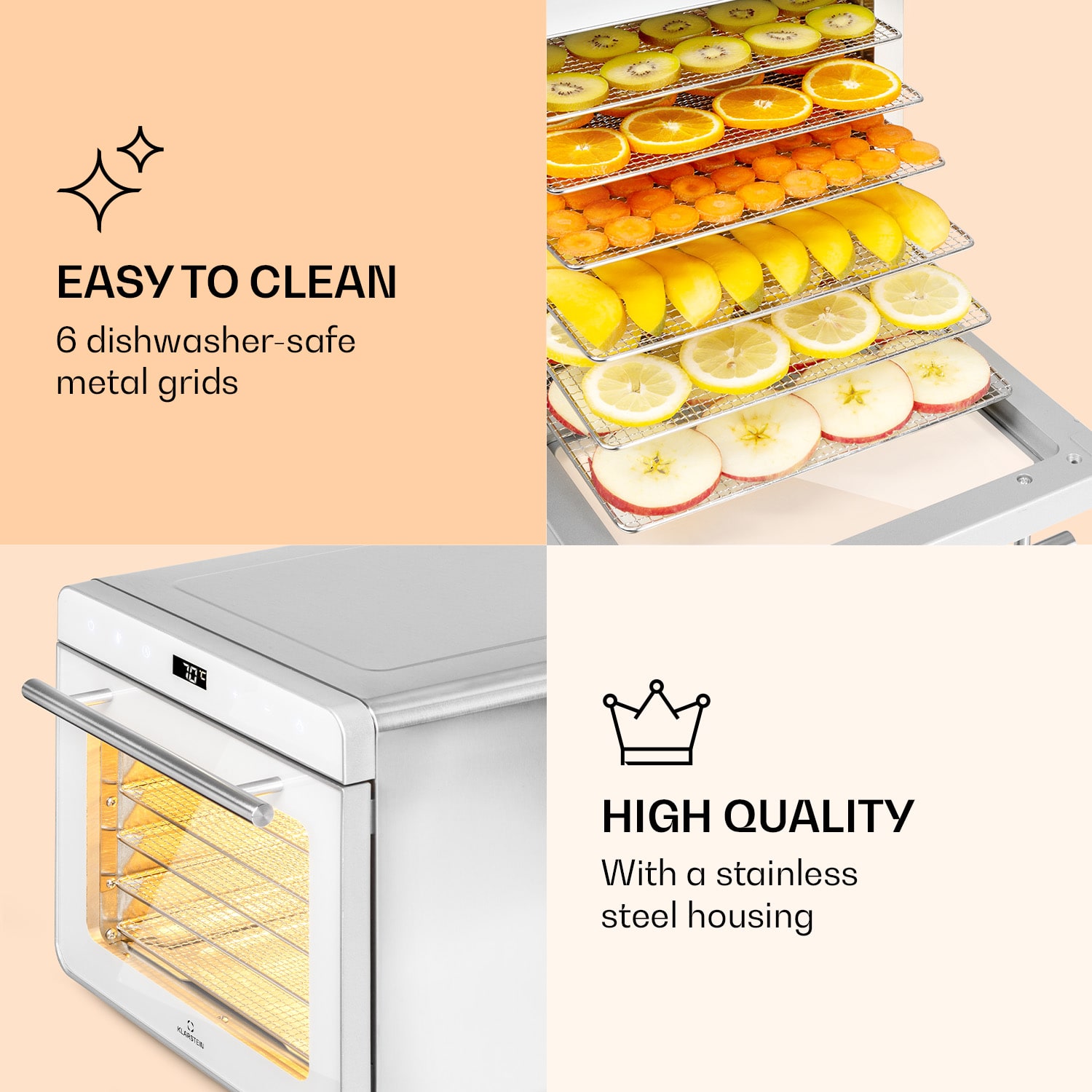 Shaftesbury droogautomaat 700W timer 35-85°C digitaal touch display Zilver Metallic