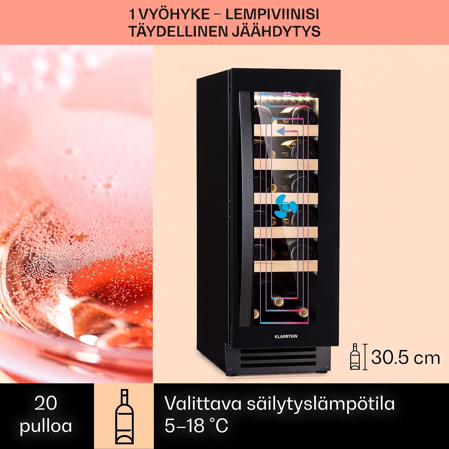 Vinovilla 20 Built-In viinikaappi 50 l/20 pullolle lasiovi ruostumatonta terästä  50 litraa / 20 pulloa | Musta