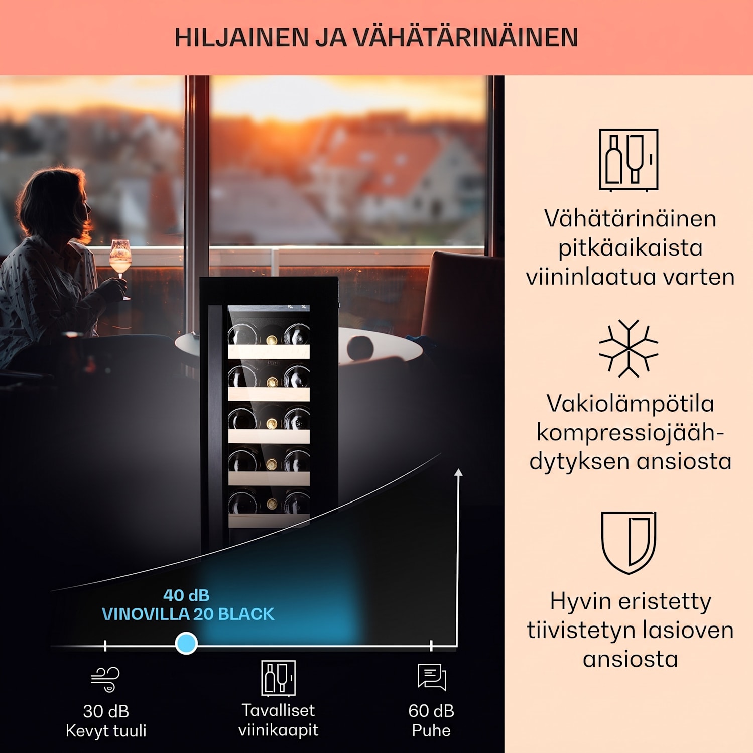 Vinovilla 20 Built-In viinikaappi 50 l/20 pullolle lasiovi ruostumatonta terästä  50 litraa / 20 pulloa | Musta