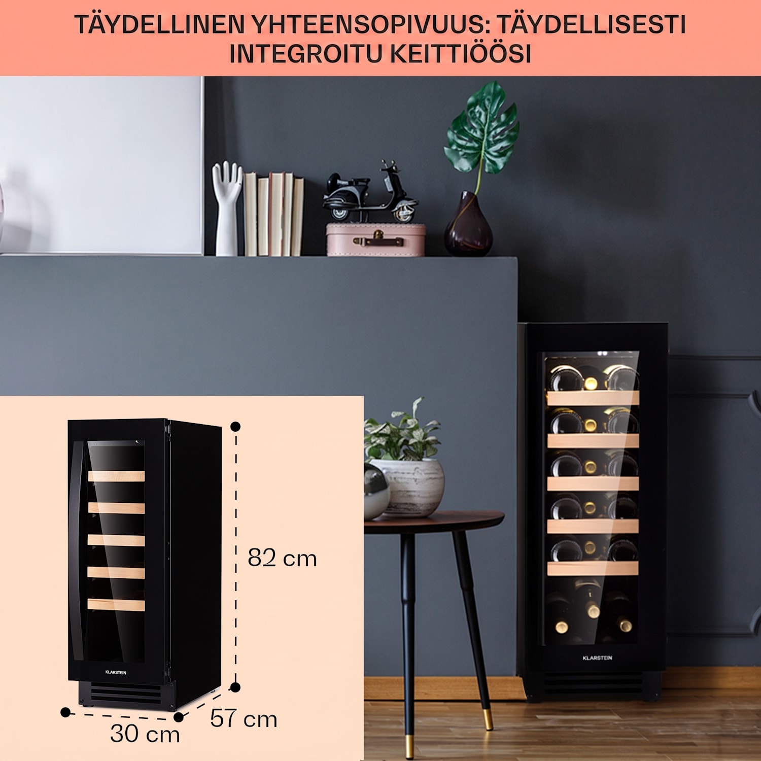 Vinovilla 20 Built-In viinikaappi 50 l/20 pullolle lasiovi ruostumatonta terästä  50 litraa / 20 pulloa | Musta