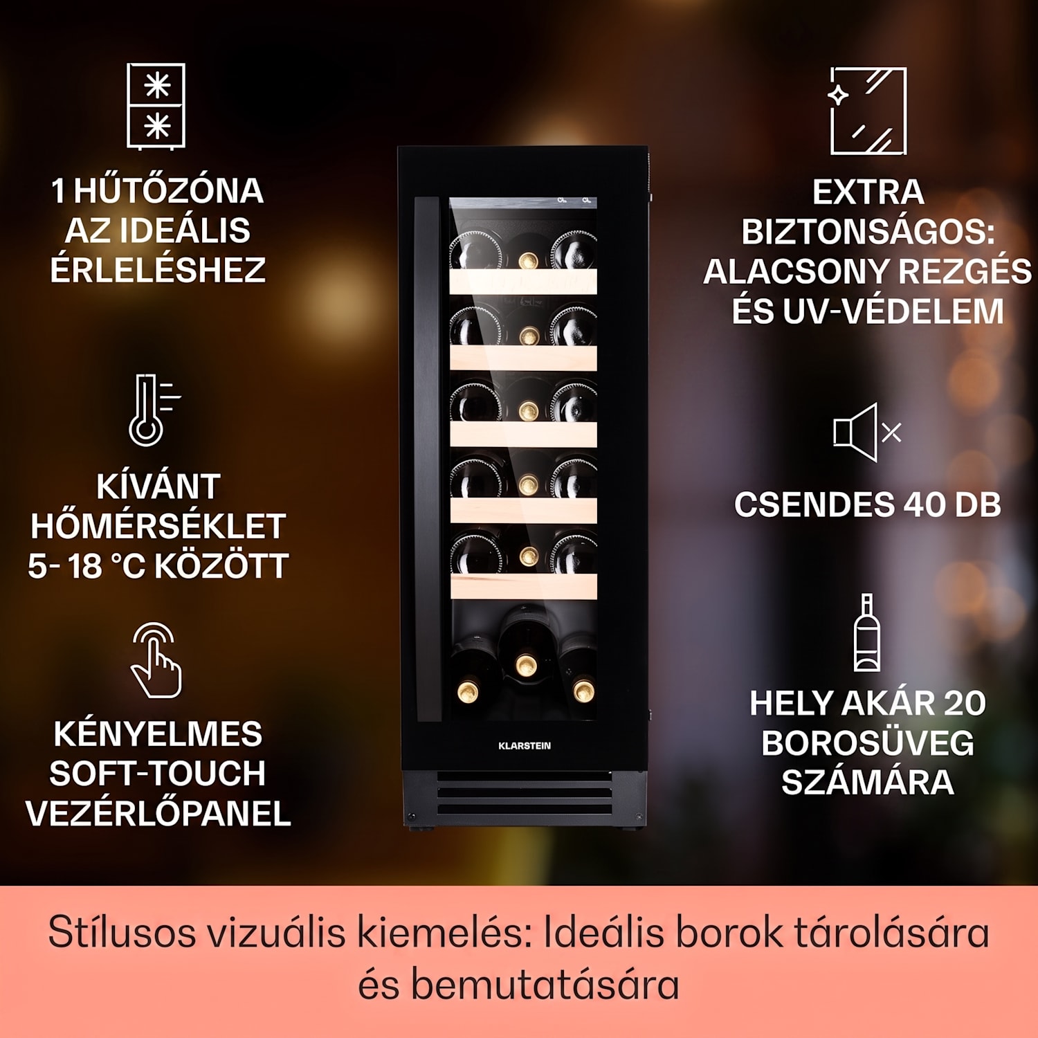 Vinovilla 20, beépített borhűtő, 50 liter, 20 palack, üvegajtó, rozsdamentes acél 50 liter / 20 palack | Fekete