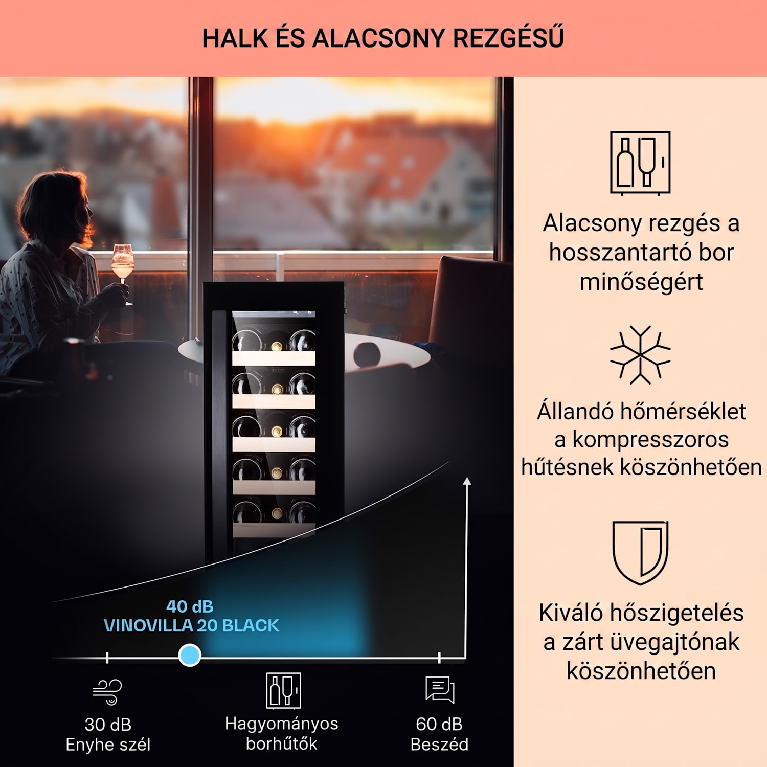 Vinovilla 20, beépített borhűtő, 50 liter, 20 palack, üvegajtó, rozsdamentes acél 50 liter / 20 palack | Fekete