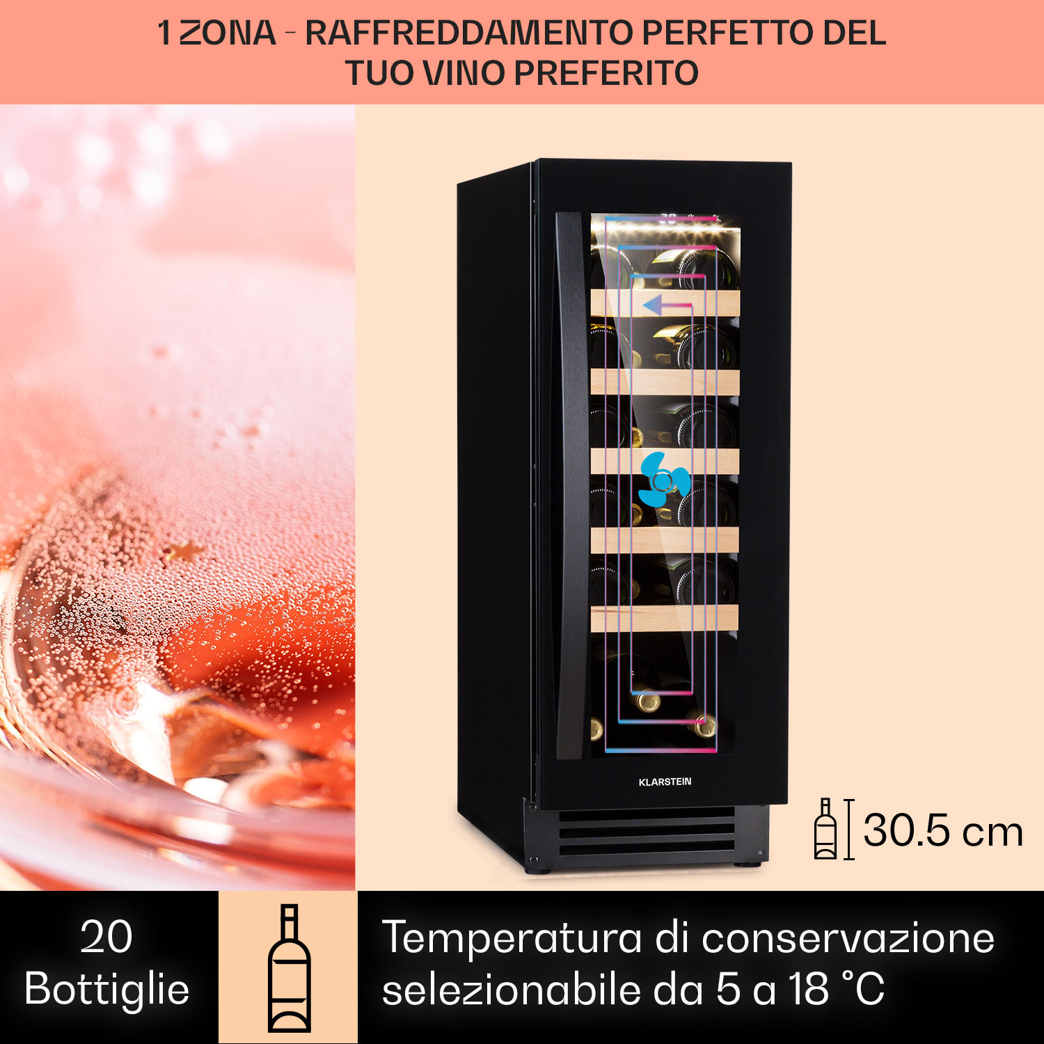 Vinovilla 20 Built-In Cantinetta vino 50 l / 20 bottiglie sportello in vetro acciaio inox  50 litri / 20 bottiglie | Nero