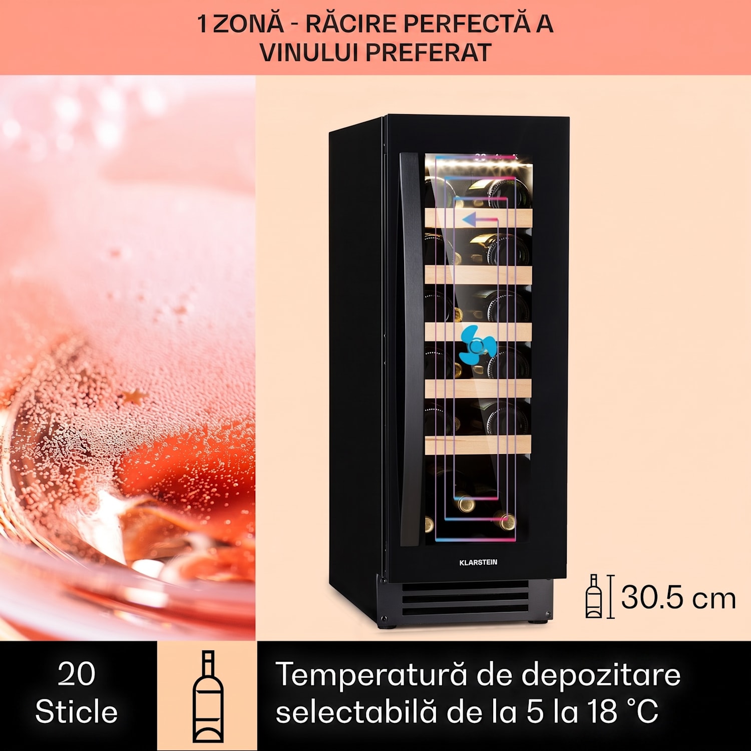 Vinovilla 20, frigider pentru vin încorporat, 50 l / 20 sticle, ușă de sticlă, oțel inoxidabil 50 litri / 20 sticle | Negru