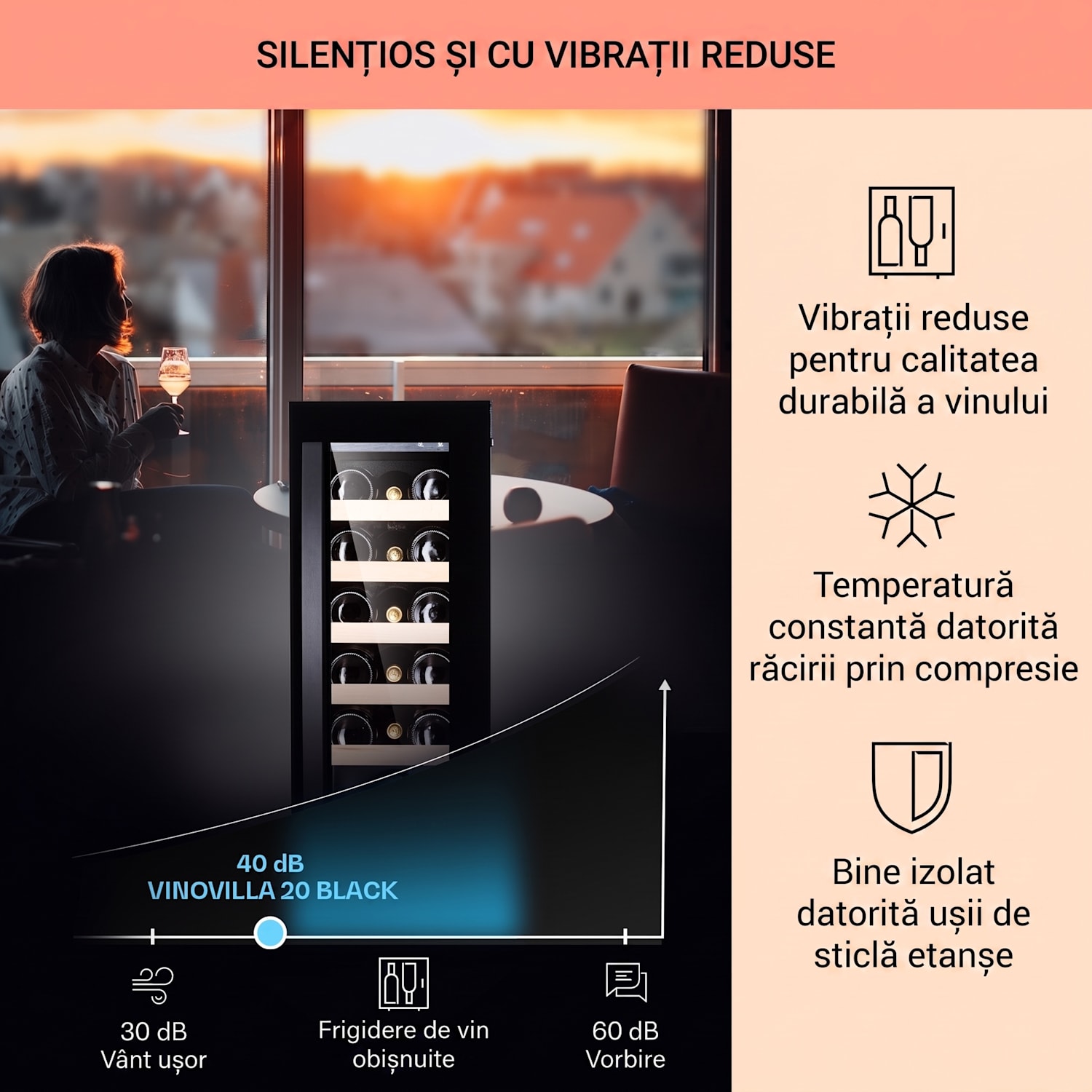 Vinovilla 20, frigider pentru vin încorporat, 50 l / 20 sticle, ușă de sticlă, oțel inoxidabil 50 litri / 20 sticle | Negru